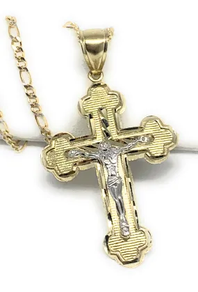 10k Solid Gold Yellow Classic 2 Tone Jesus Cross Crucifix Pendant Necklaces