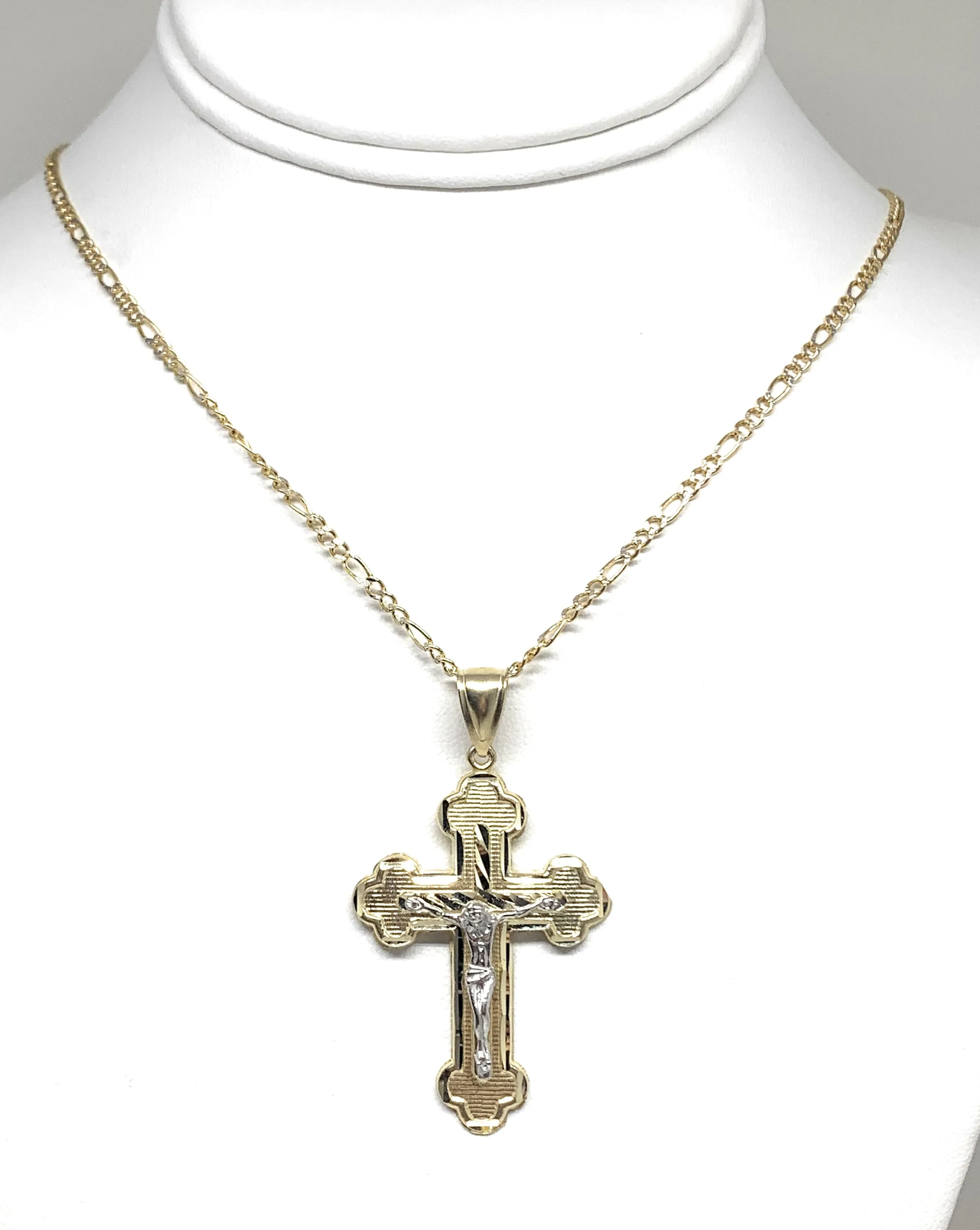 10k Solid Gold Yellow Classic 2 Tone Jesus Cross Crucifix Pendant Necklaces