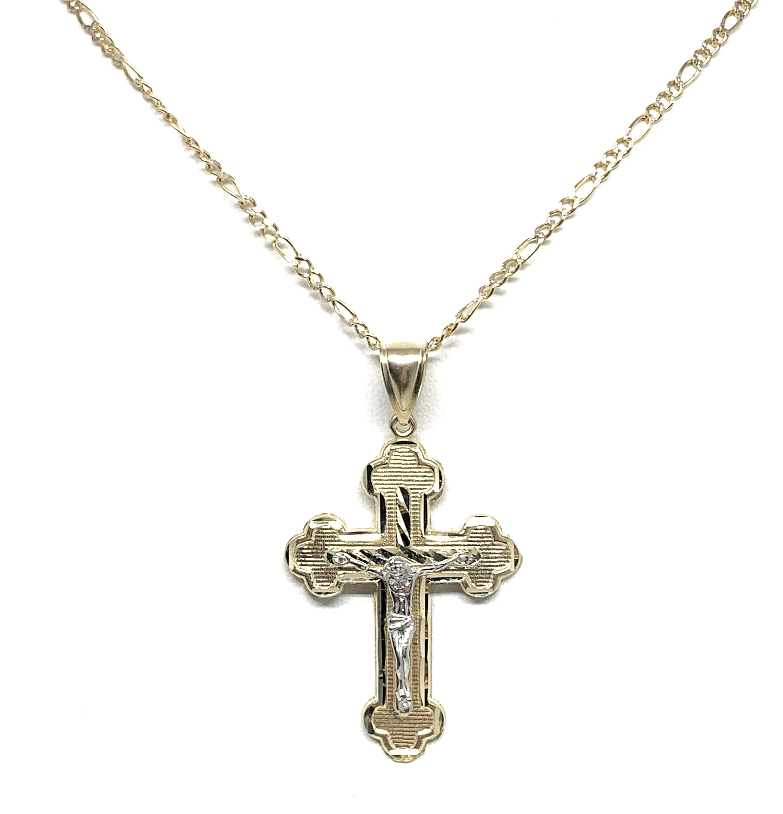 10k Solid Gold Yellow Classic 2 Tone Jesus Cross Crucifix Pendant Necklaces