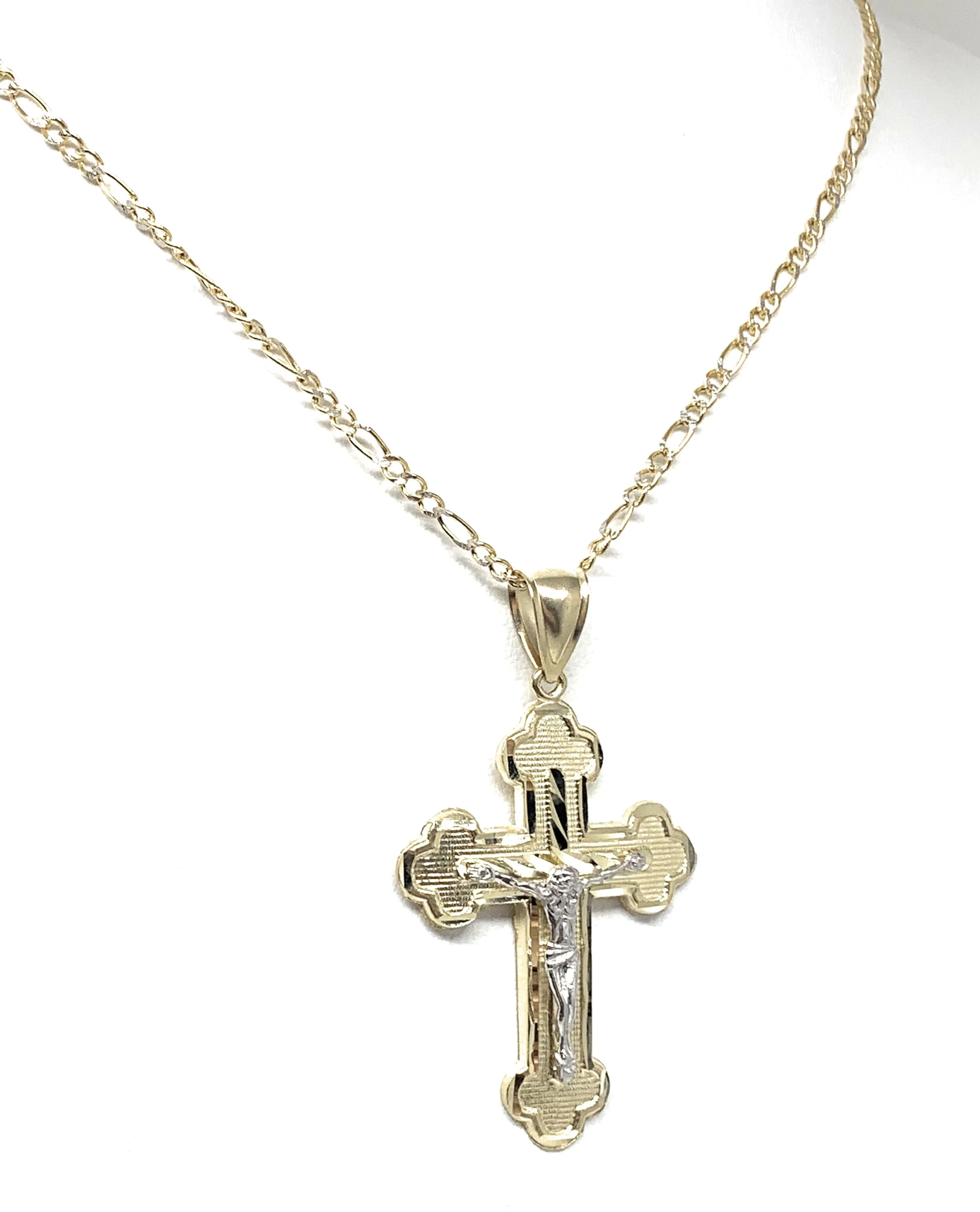 10k Solid Gold Yellow Classic 2 Tone Jesus Cross Crucifix Pendant Necklaces