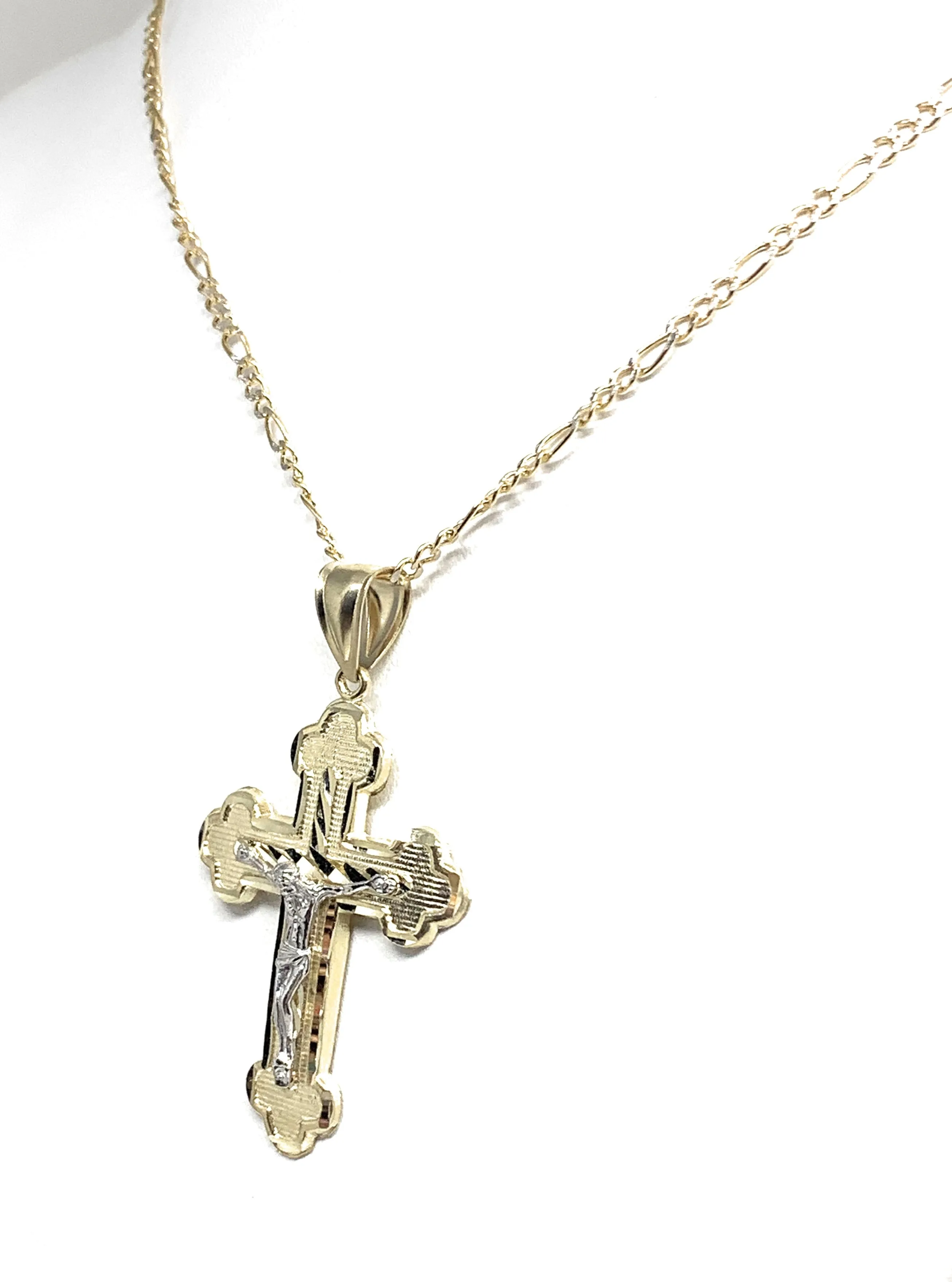 10k Solid Gold Yellow Classic 2 Tone Jesus Cross Crucifix Pendant Necklaces