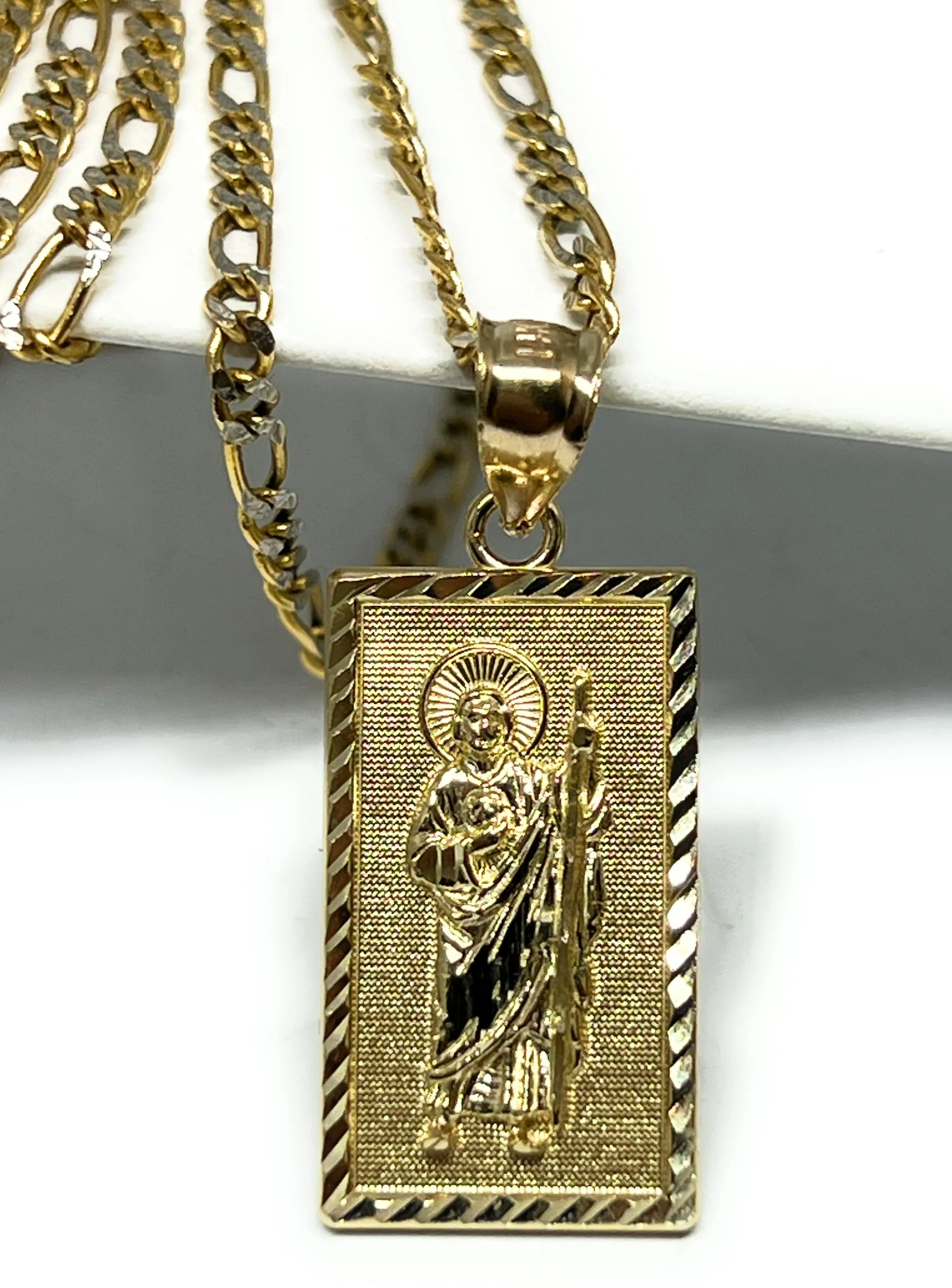 14k Solid Gold Yellow Classic Saan Judas Saint Jude Square Pendants with Figaro Chains (SM, MED)