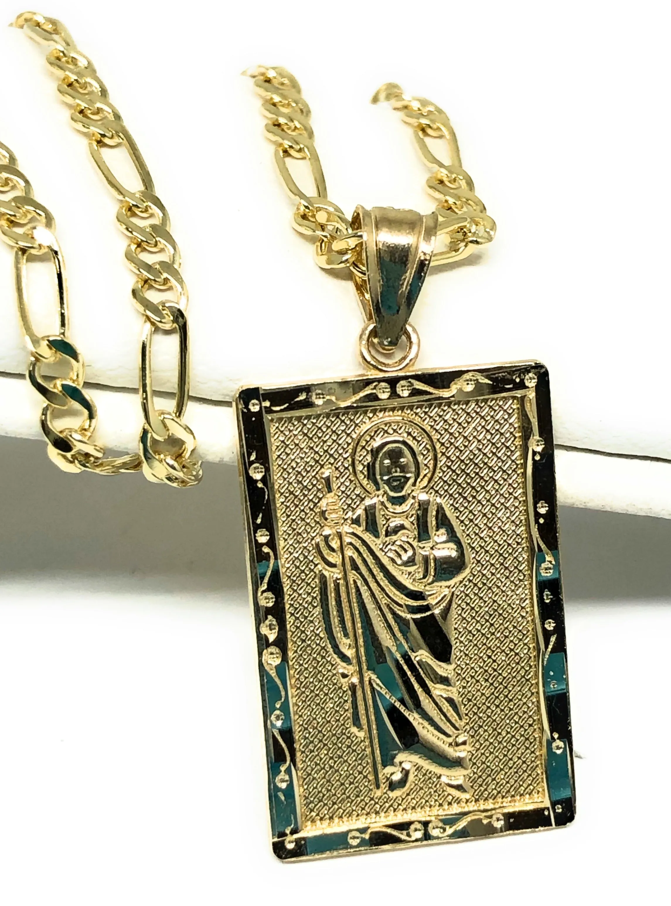 14k Solid Gold Yellow Classic Saan Judas Saint Jude Square Pendants with Figaro Chains (SM, MED)