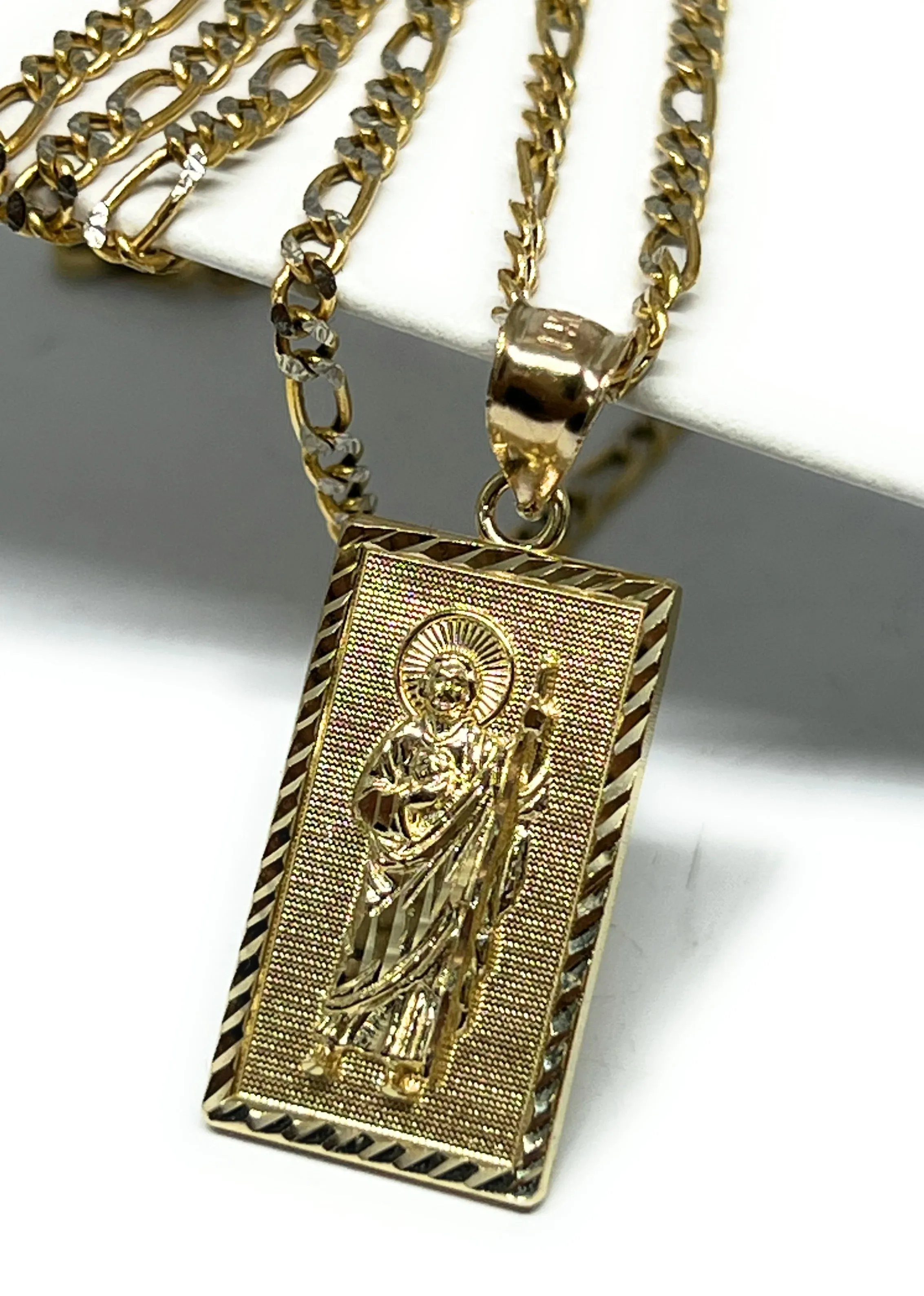 14k Solid Gold Yellow Classic Saan Judas Saint Jude Square Pendants with Figaro Chains (SM, MED)