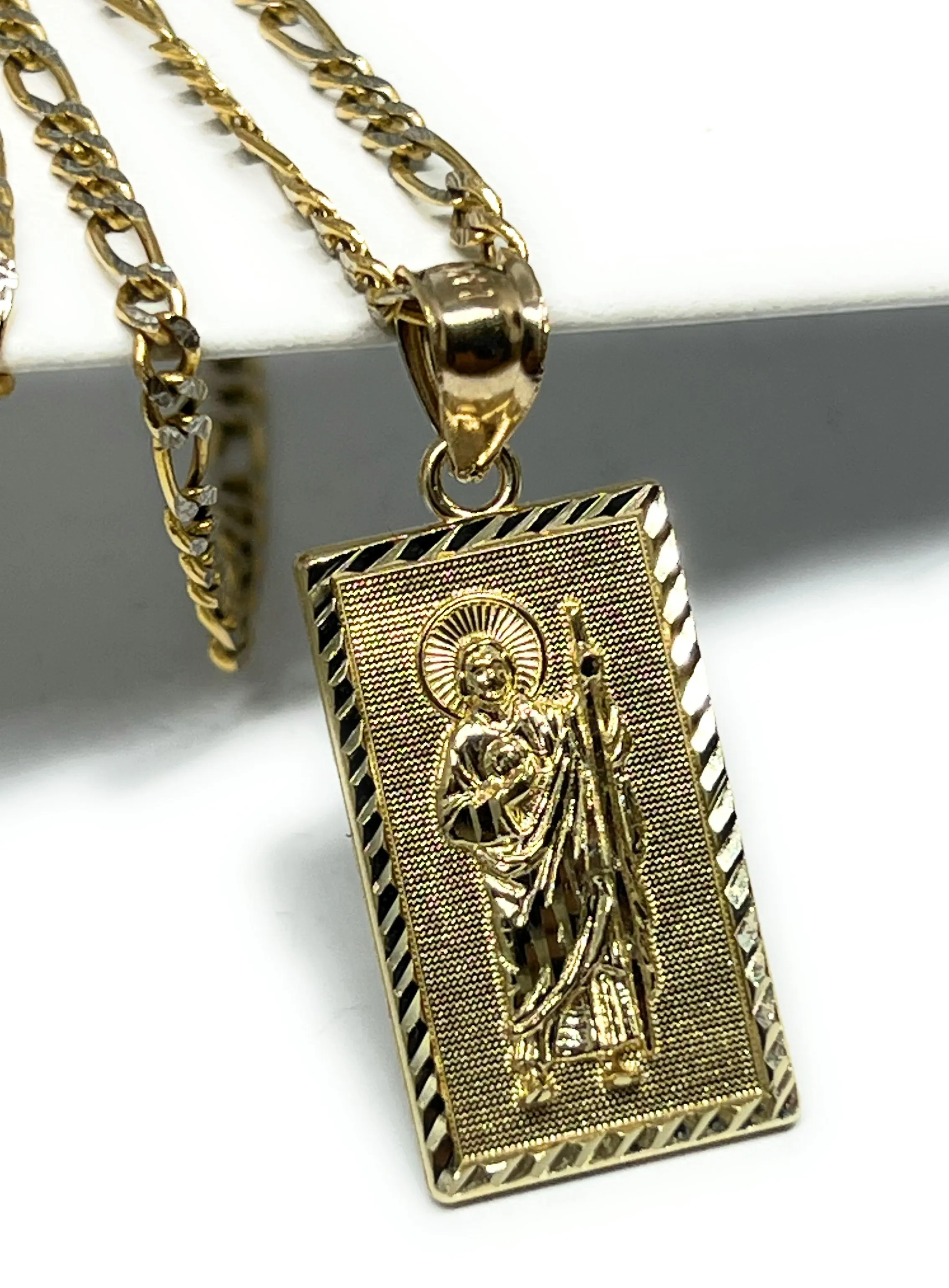 14k Solid Gold Yellow Classic Saan Judas Saint Jude Square Pendants with Figaro Chains (SM, MED)