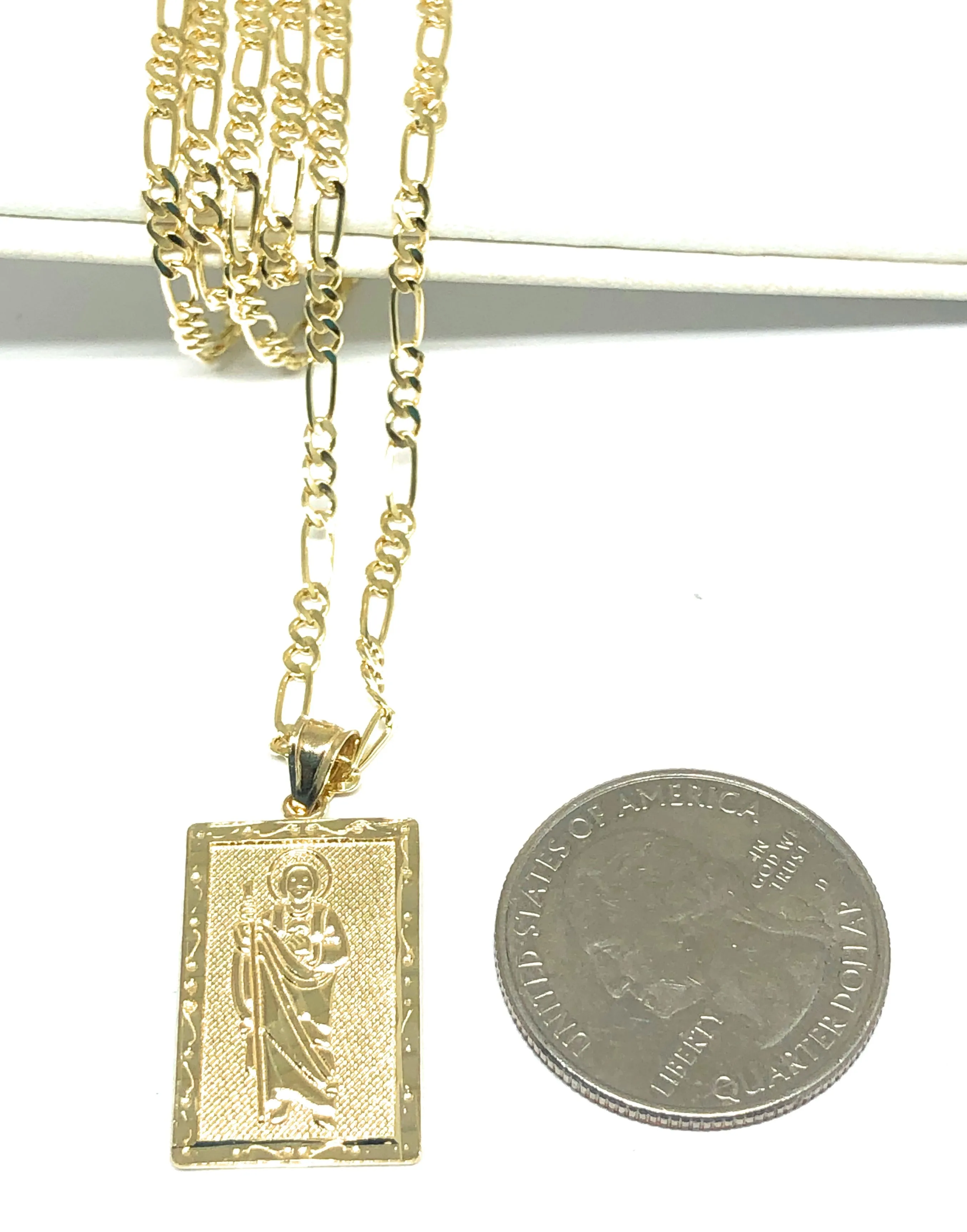 14k Solid Gold Yellow Classic Saan Judas Saint Jude Square Pendants with Figaro Chains (SM, MED)