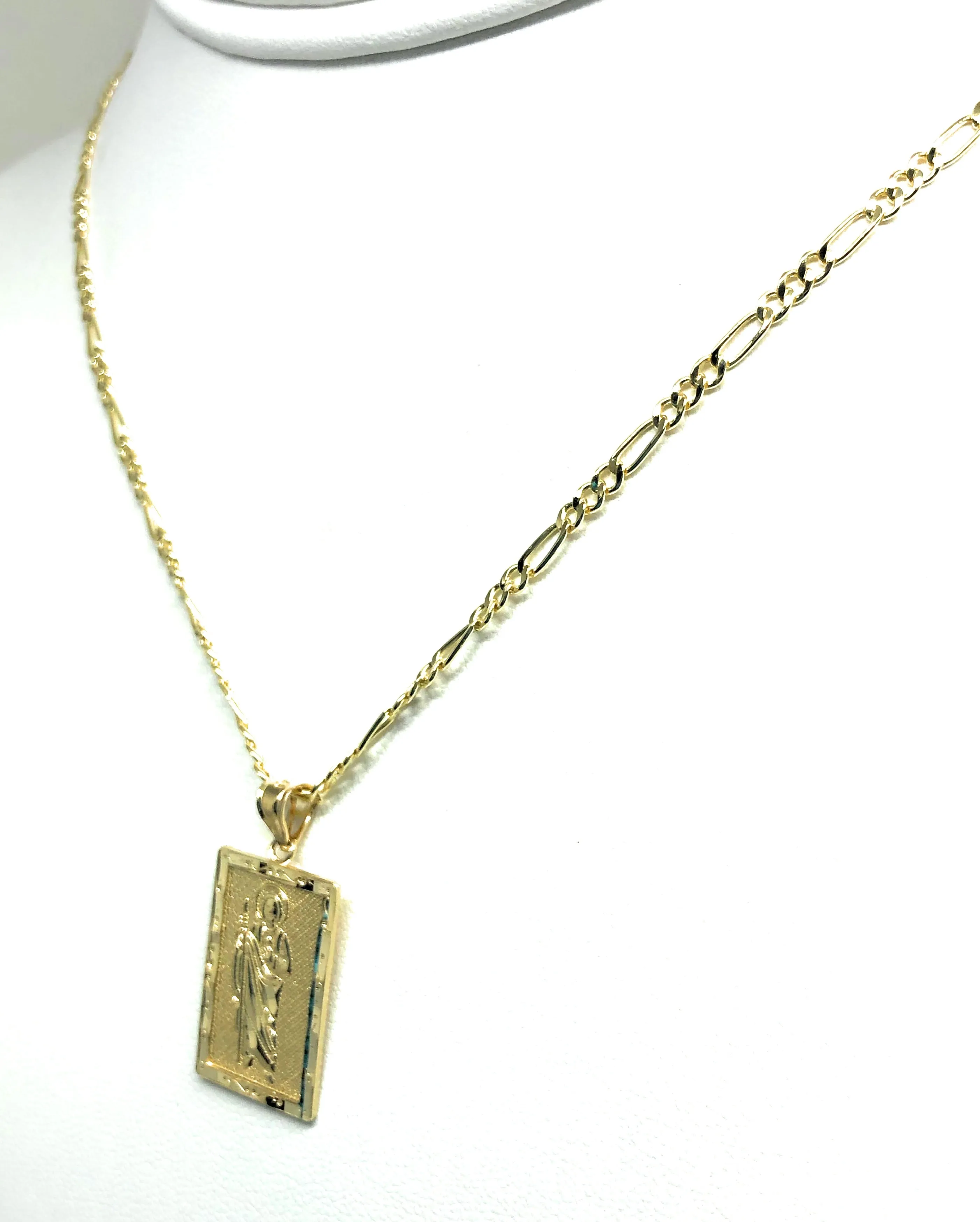 14k Solid Gold Yellow Classic Saan Judas Saint Jude Square Pendants with Figaro Chains (SM, MED)