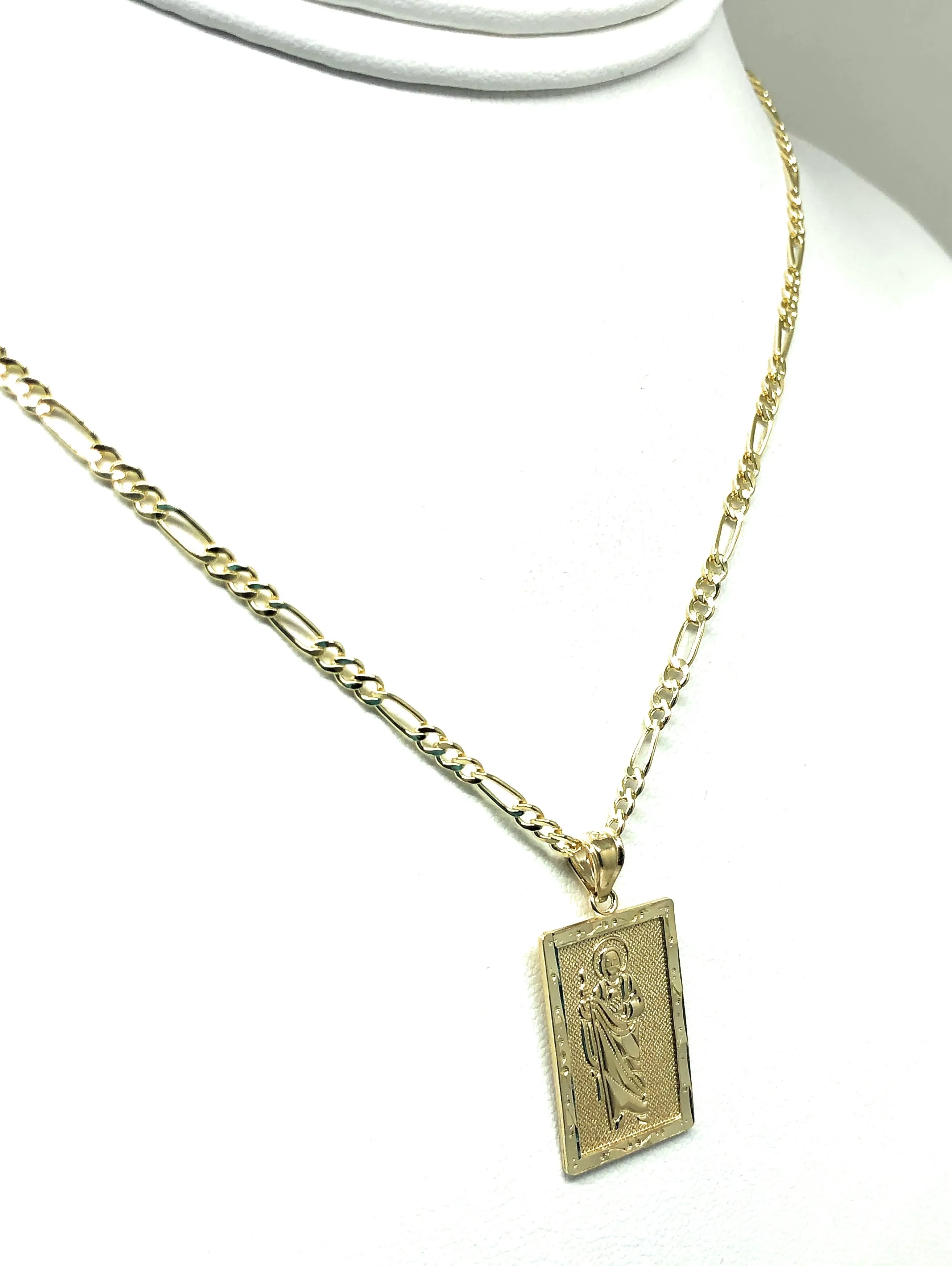 14k Solid Gold Yellow Classic Saan Judas Saint Jude Square Pendants with Figaro Chains (SM, MED)