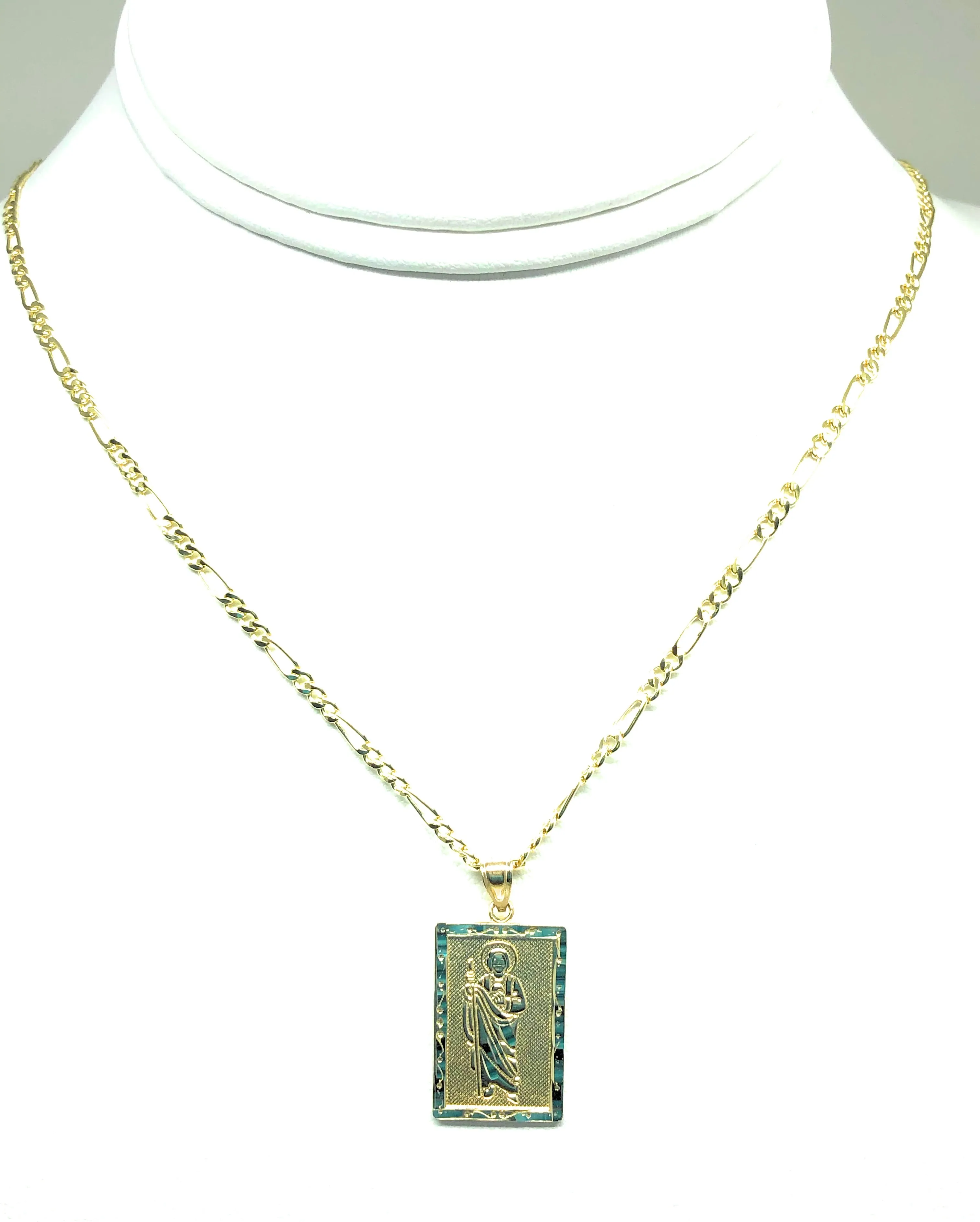 14k Solid Gold Yellow Classic Saan Judas Saint Jude Square Pendants with Figaro Chains (SM, MED)