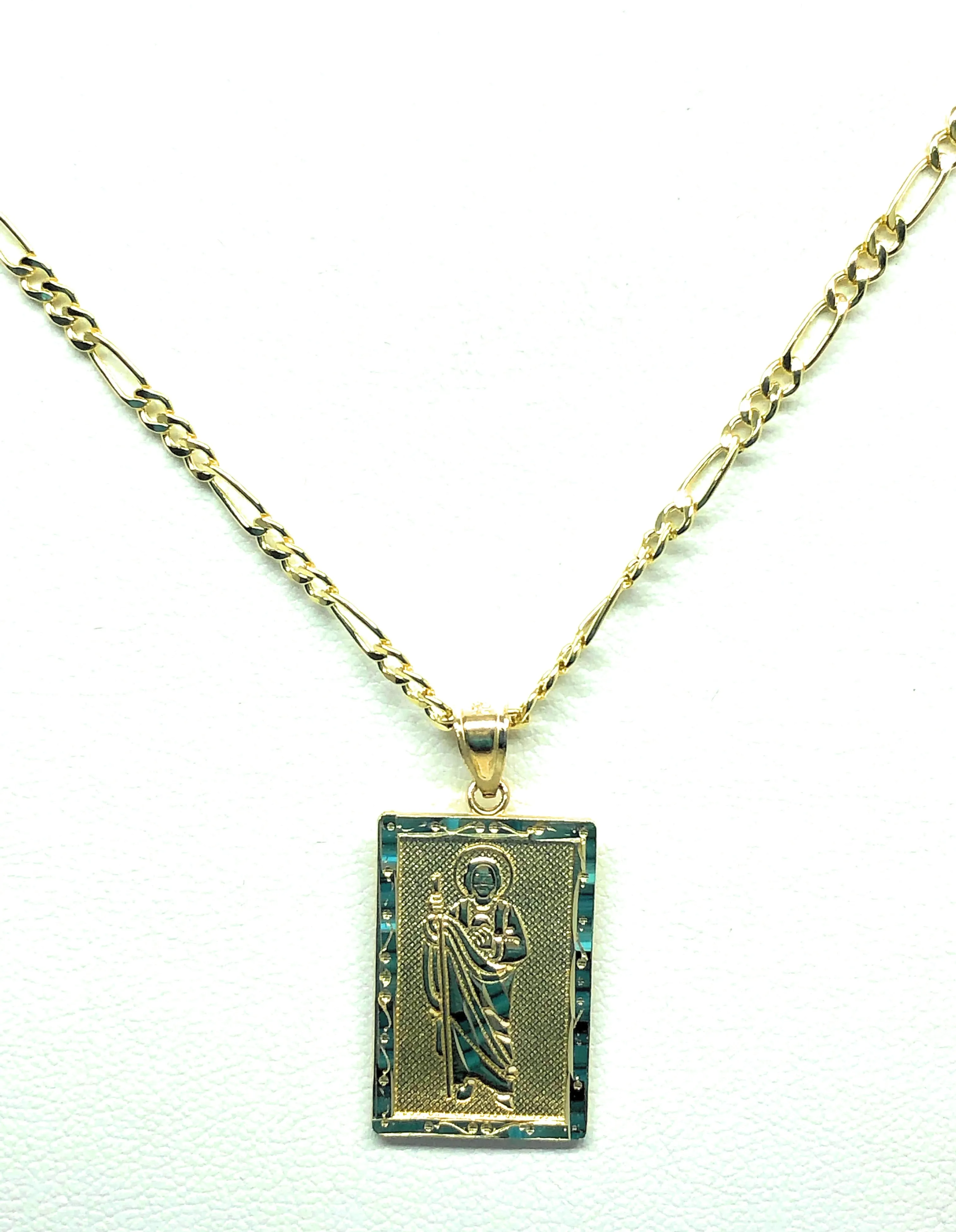 14k Solid Gold Yellow Classic Saan Judas Saint Jude Square Pendants with Figaro Chains (SM, MED)