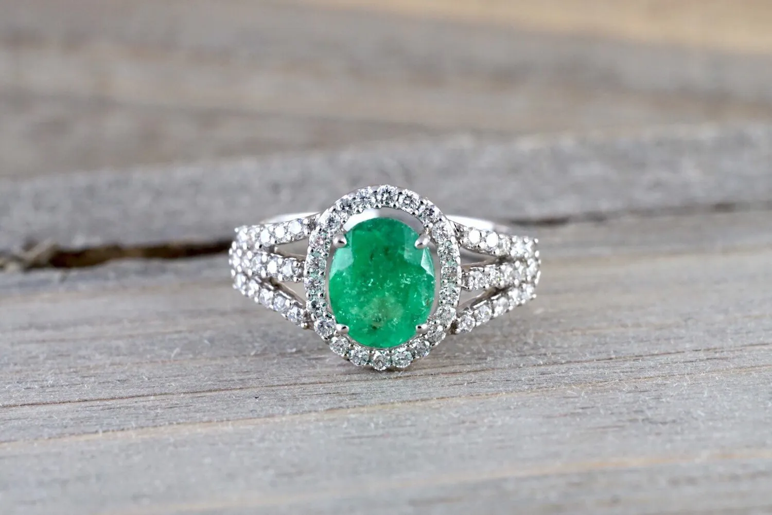 Classic Colombian Emerald Oval Diamond Halo Engagement Wedding Ring in 18k White Gold