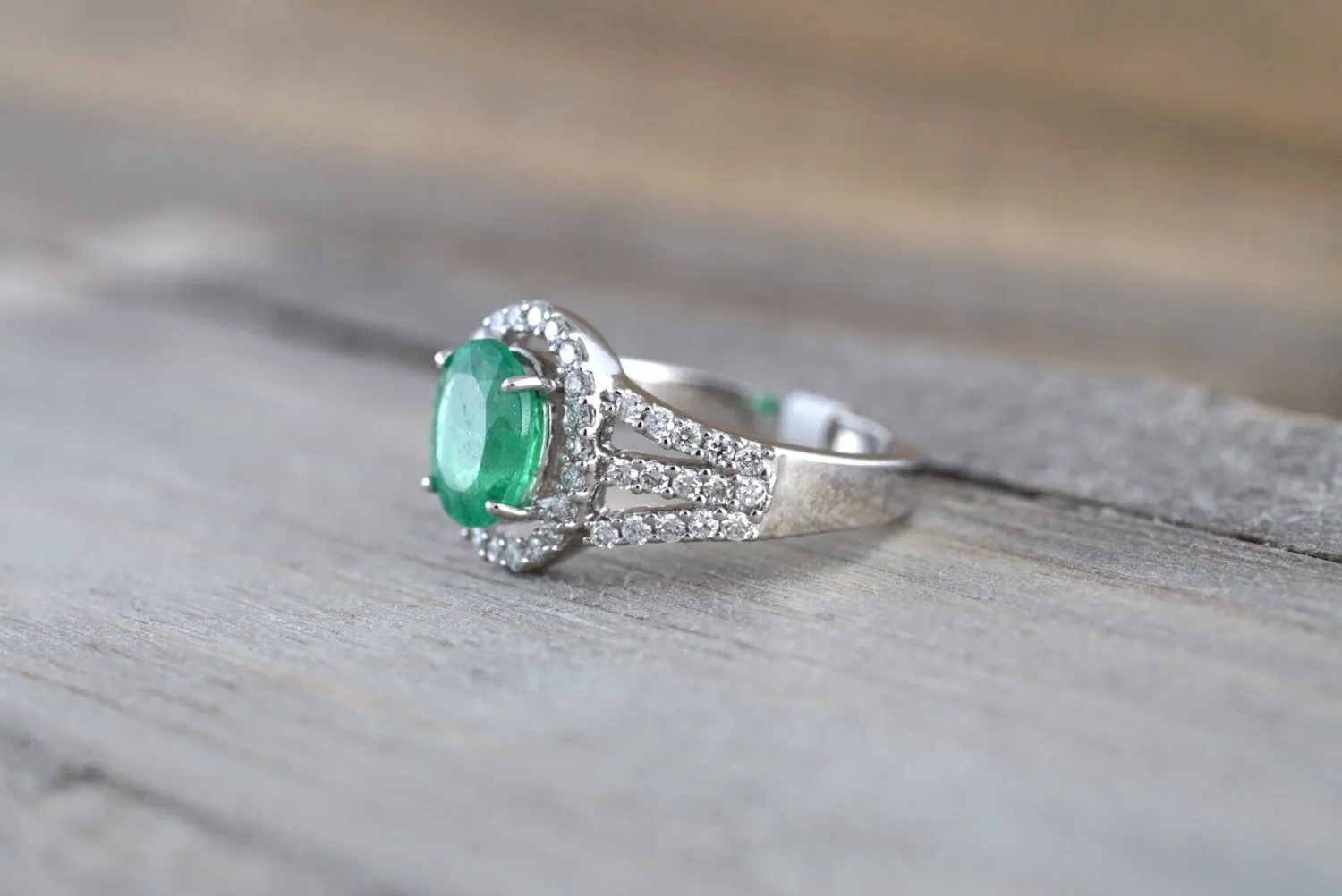 Classic Colombian Emerald Oval Diamond Halo Engagement Wedding Ring in 18k White Gold