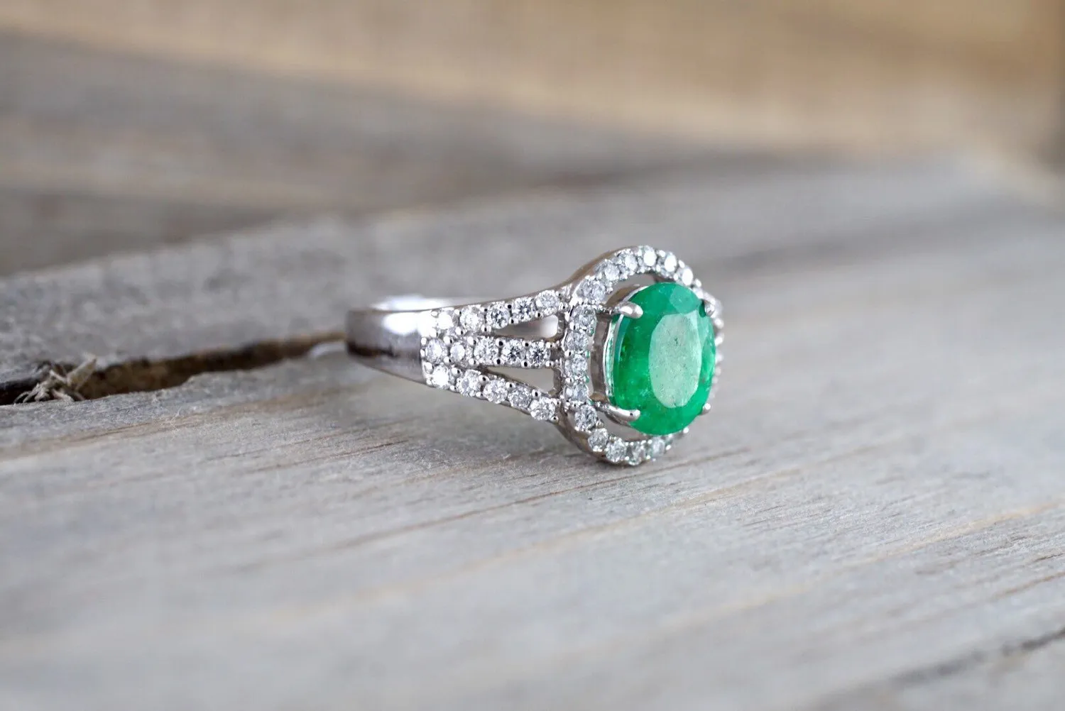 Classic Colombian Emerald Oval Diamond Halo Engagement Wedding Ring in 18k White Gold