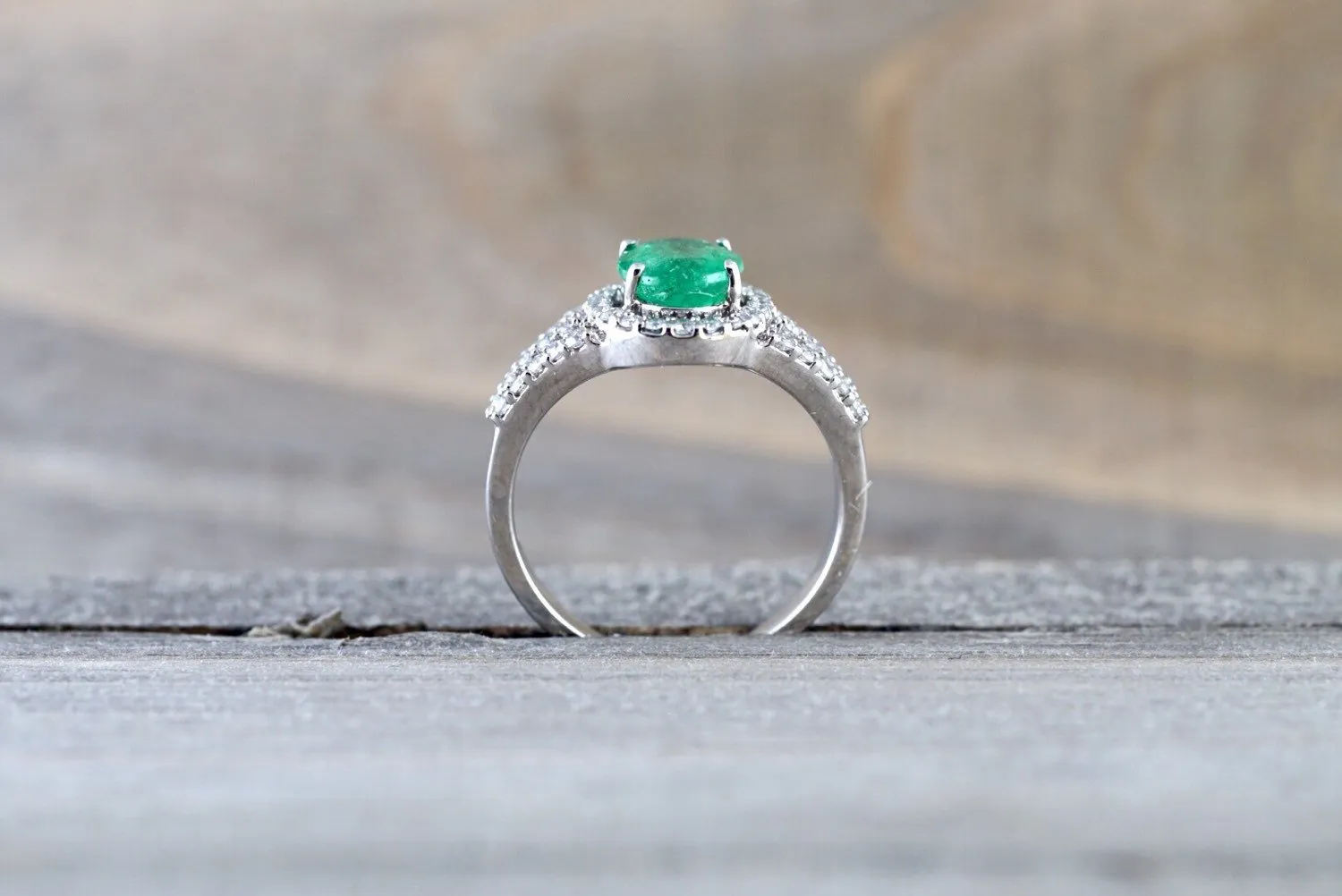 Classic Colombian Emerald Oval Diamond Halo Engagement Wedding Ring in 18k White Gold