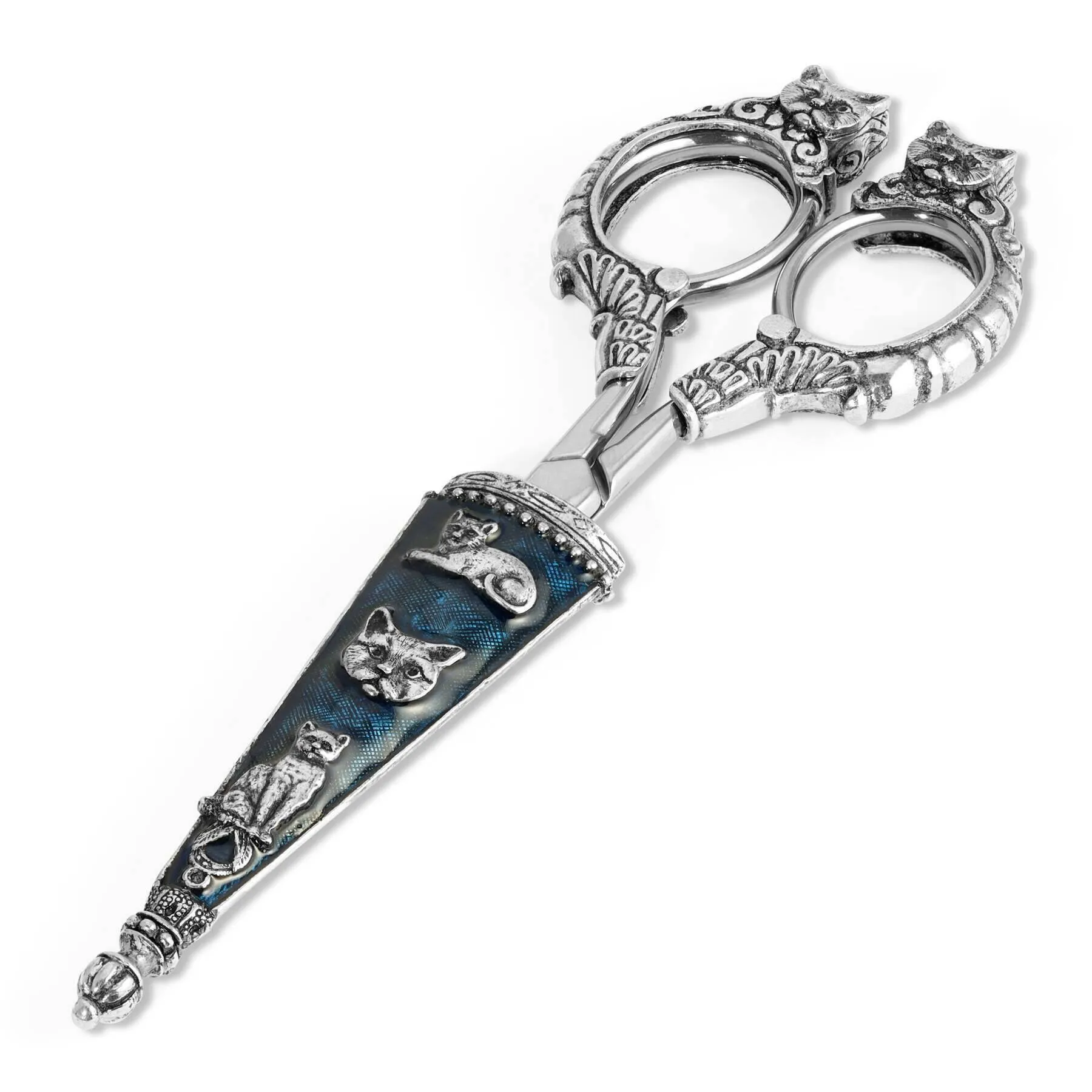 1928 Jewelry Antiqued Blue Enamel Cat Scissors