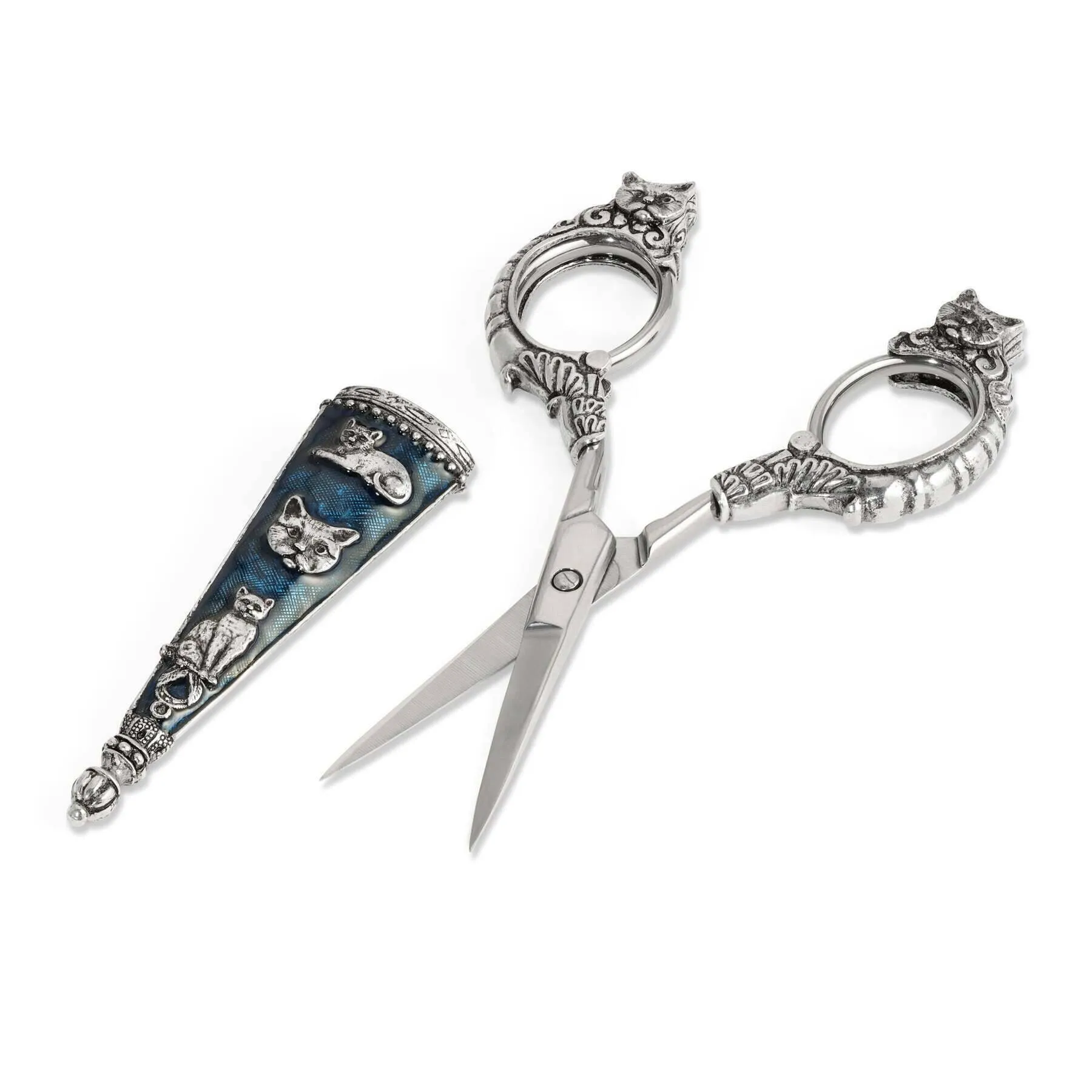 1928 Jewelry Antiqued Blue Enamel Cat Scissors