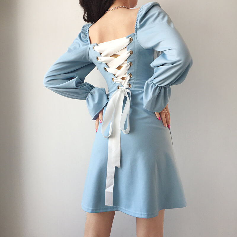 3 colors chic retro bubble sleeve dress BY21162