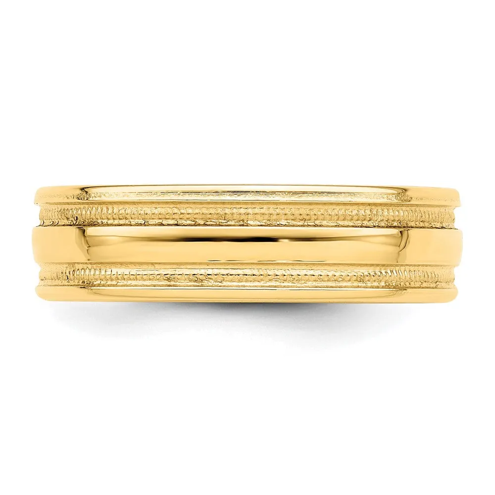 6mm 14K Yellow Gold Beaded Grooved Comfort-Fit Band