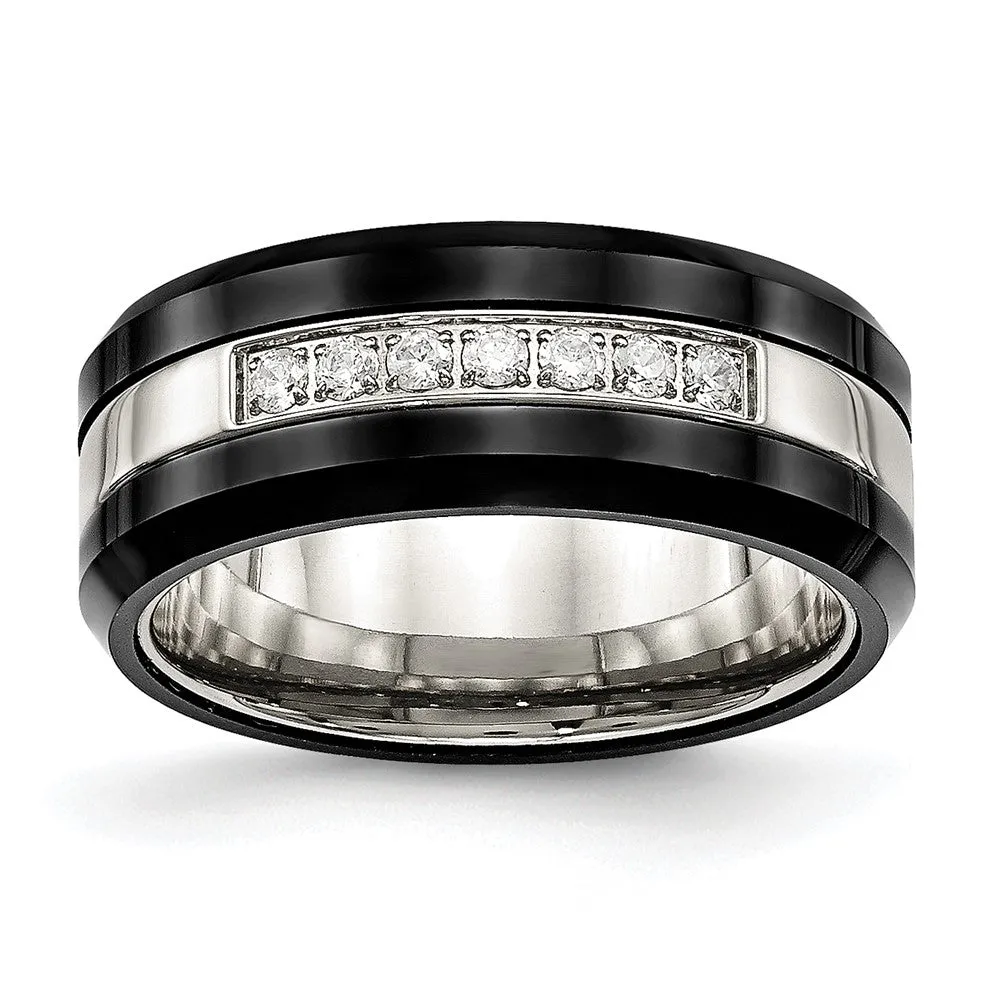 8mm Stainless Steel Black Ceramic CZ Beveled Comfort Fit Band