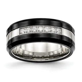 8mm Stainless Steel Black Ceramic CZ Beveled Comfort Fit Band