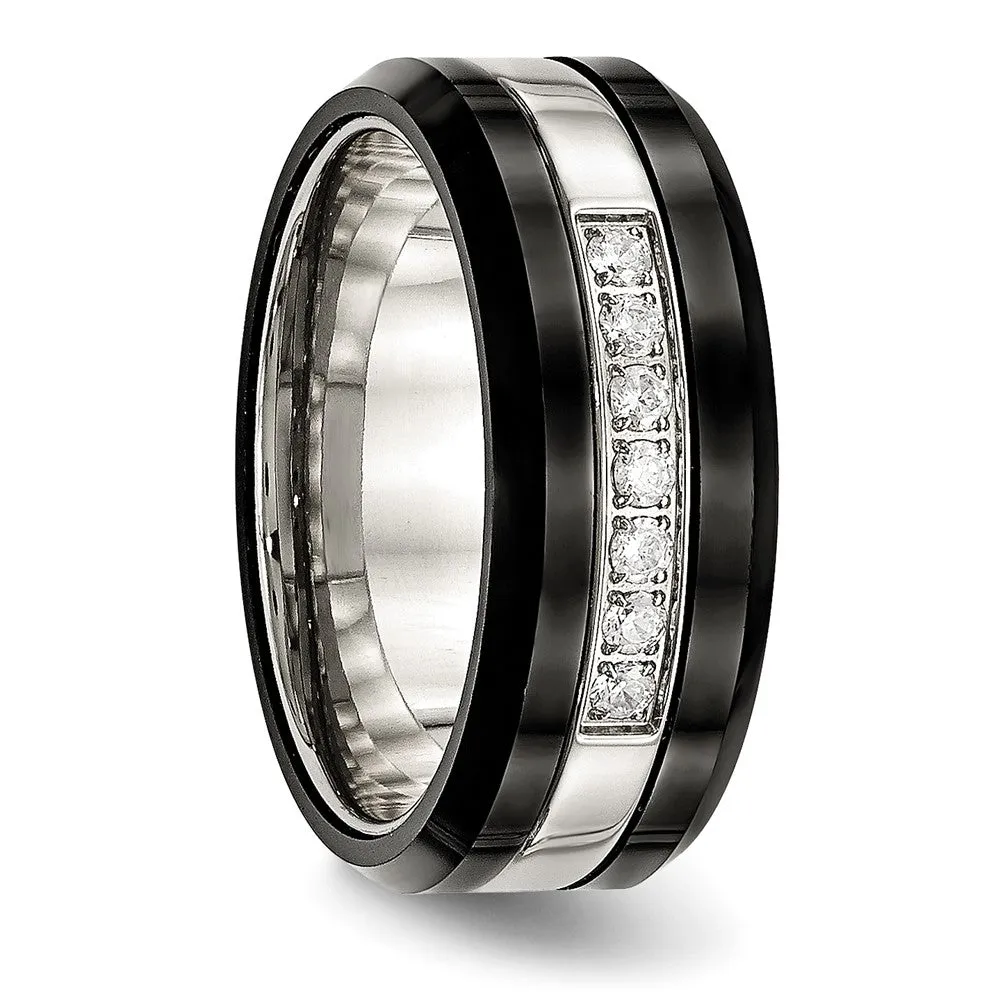 8mm Stainless Steel Black Ceramic CZ Beveled Comfort Fit Band