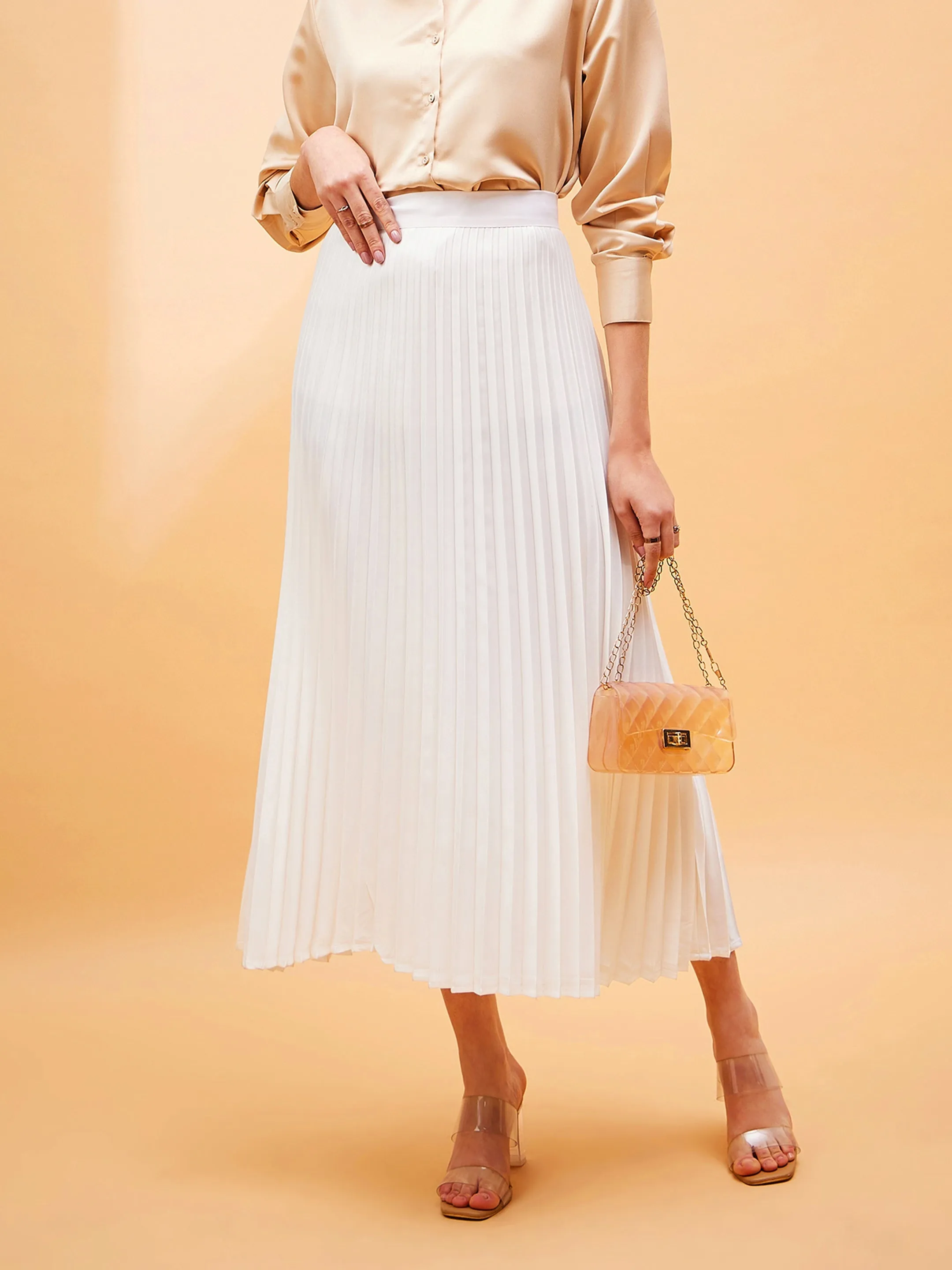 Accordion Pleated Belted Midi Skirt for Women in White