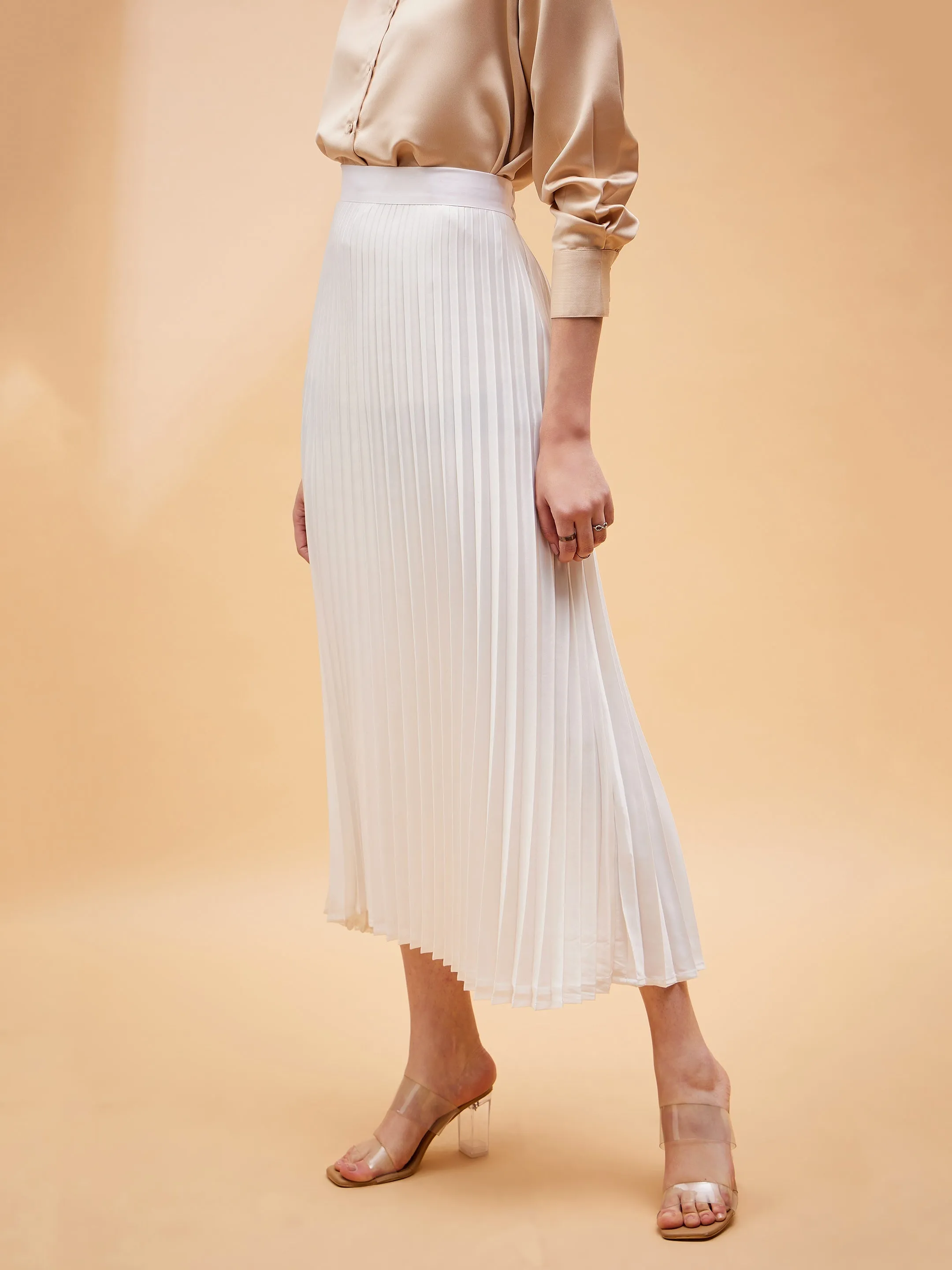 Accordion Pleated Belted Midi Skirt for Women in White