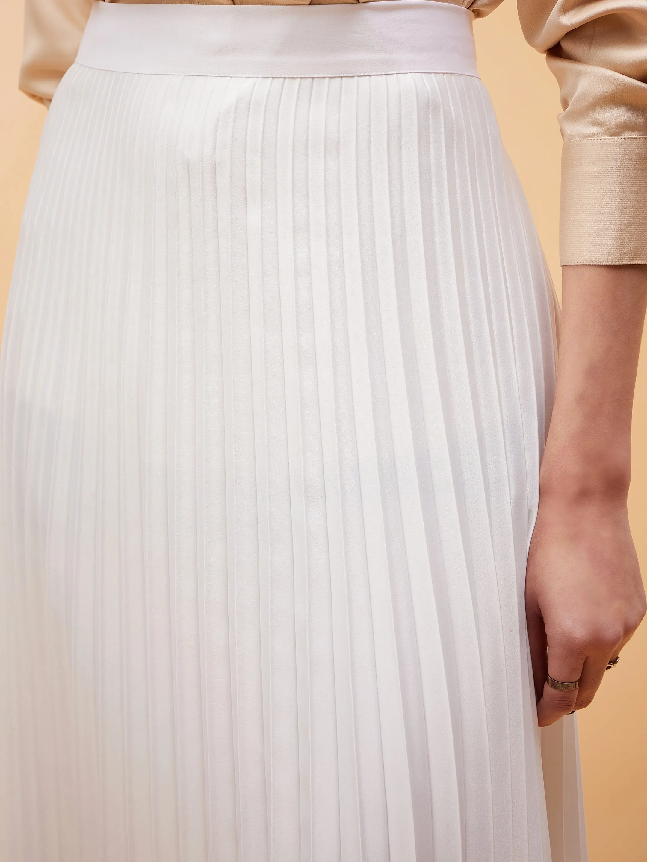 Accordion Pleated Belted Midi Skirt for Women in White