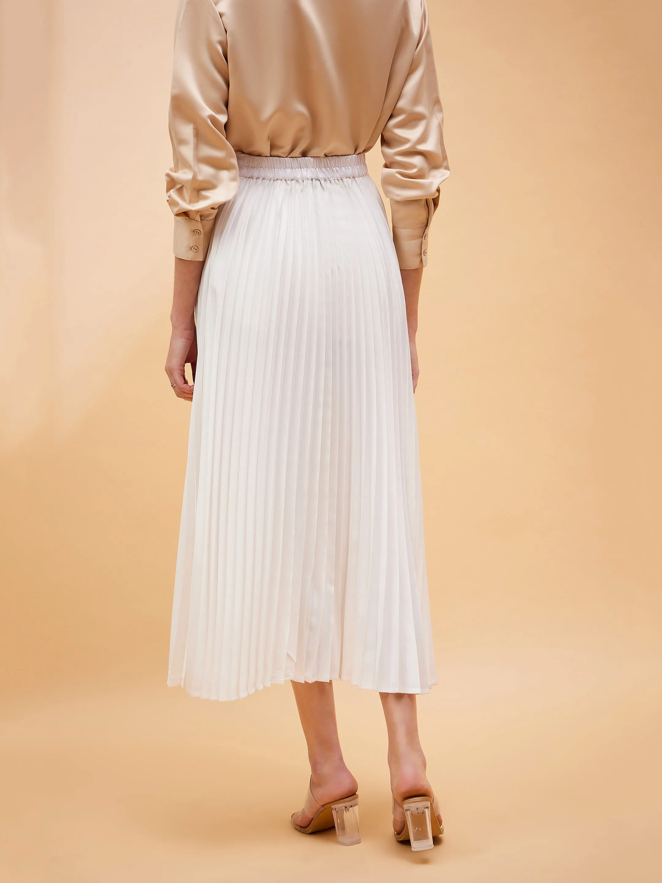 Accordion Pleated Belted Midi Skirt for Women in White