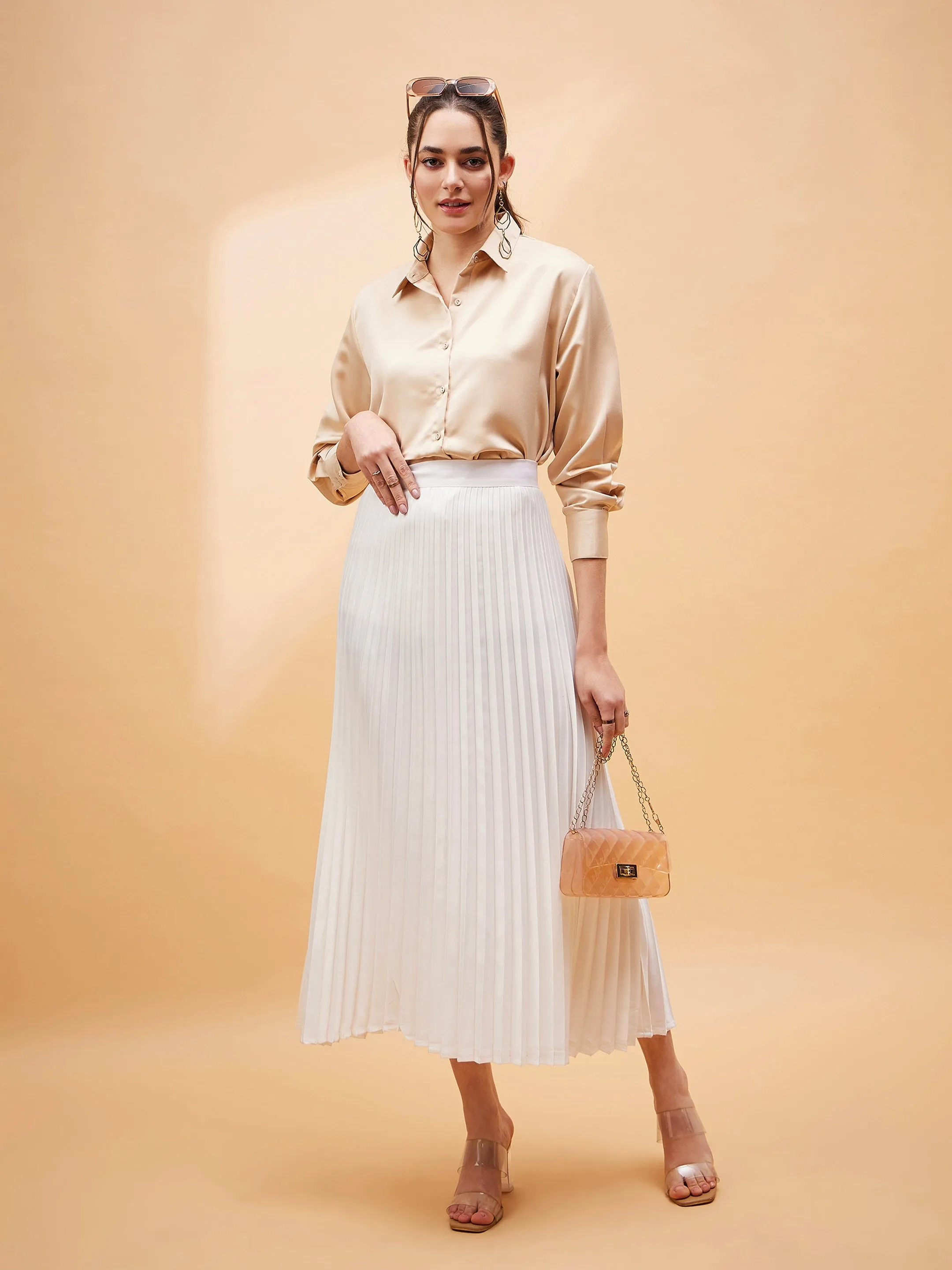 Accordion Pleated Belted Midi Skirt for Women in White