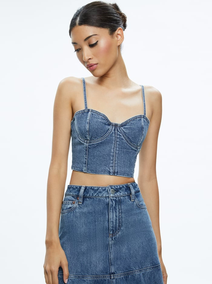 Alice and Olivia Natacha Spaghetti Strap Bustier in Brooklyn Blue.