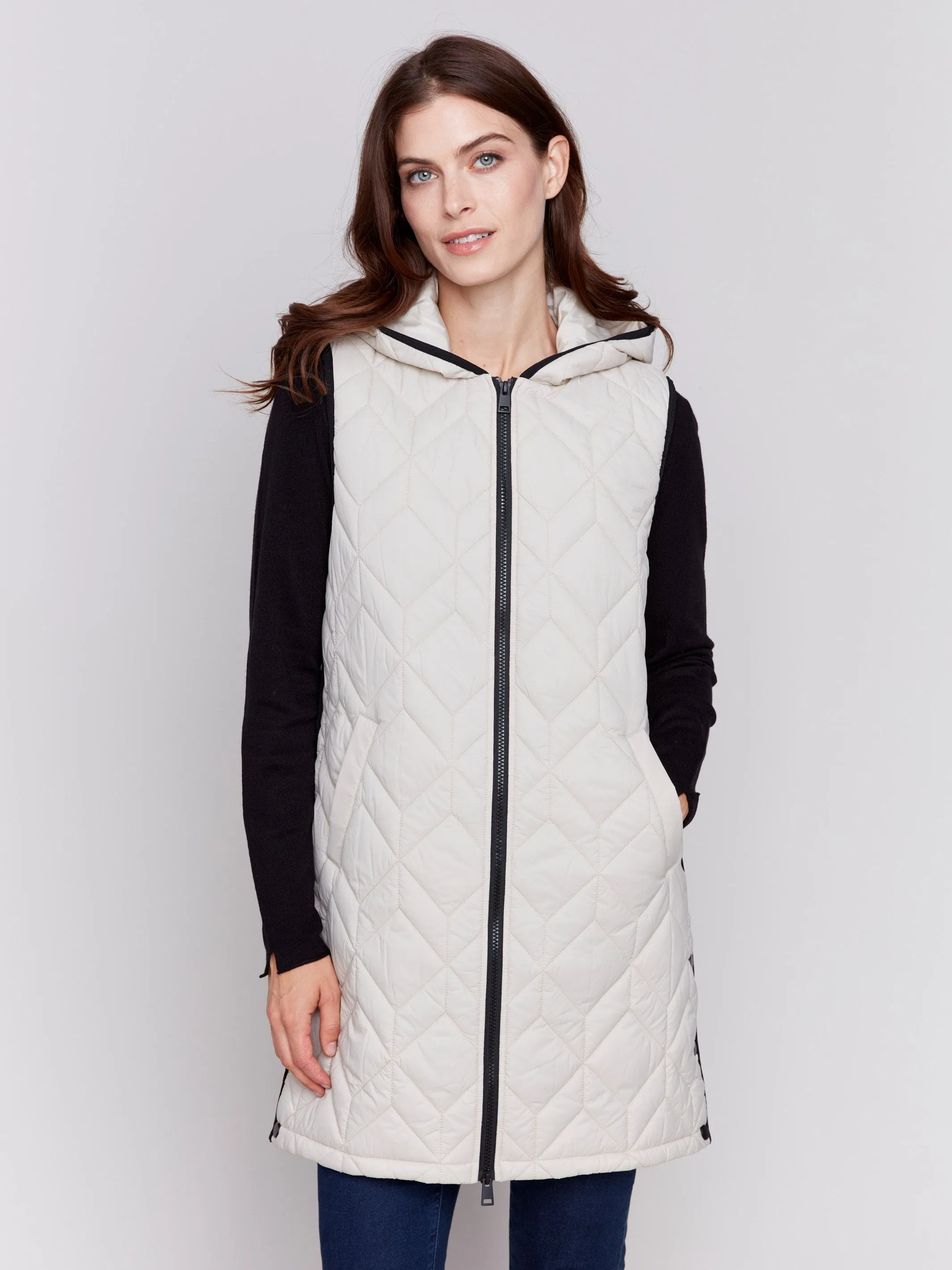 Almond Long Quilted Puffer Vest with Hood