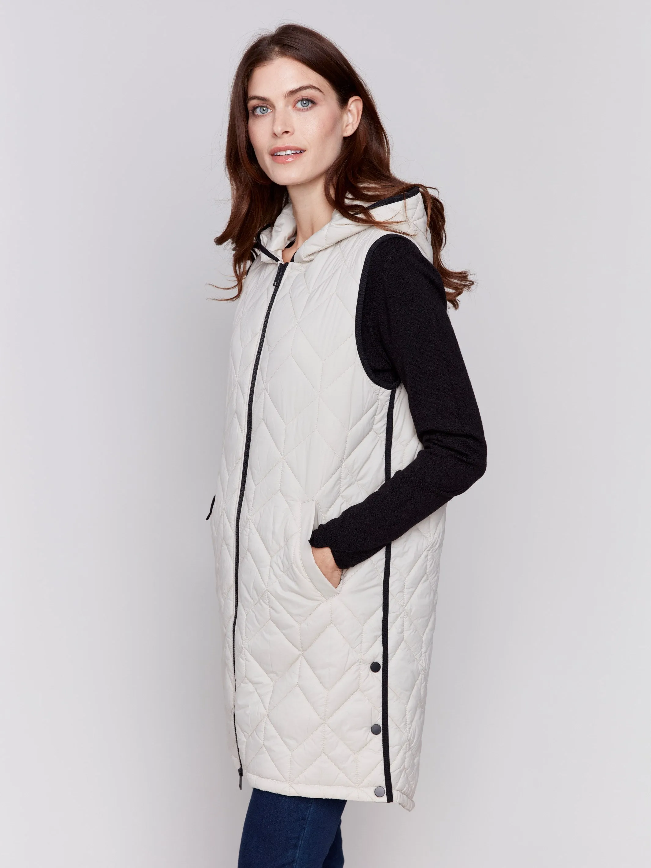 Almond Long Quilted Puffer Vest with Hood