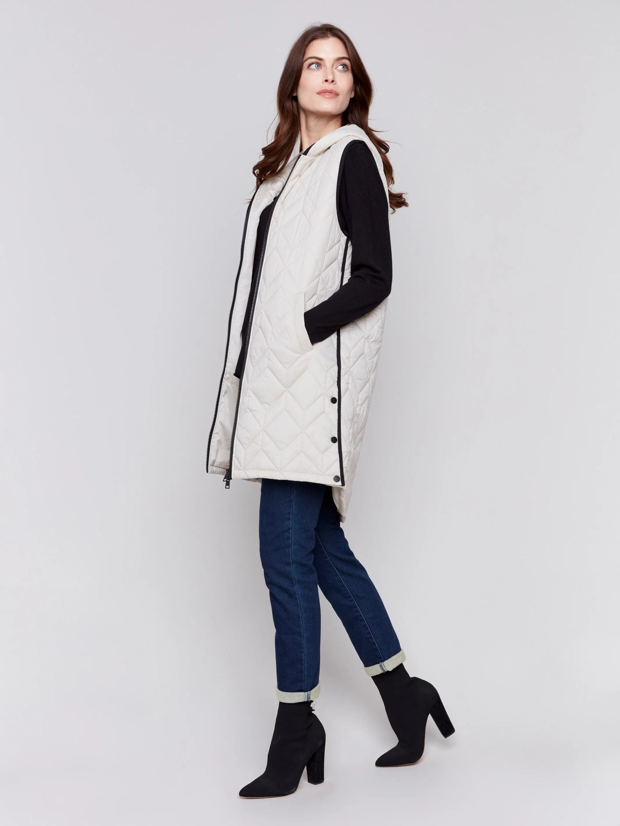 Almond Long Quilted Puffer Vest with Hood