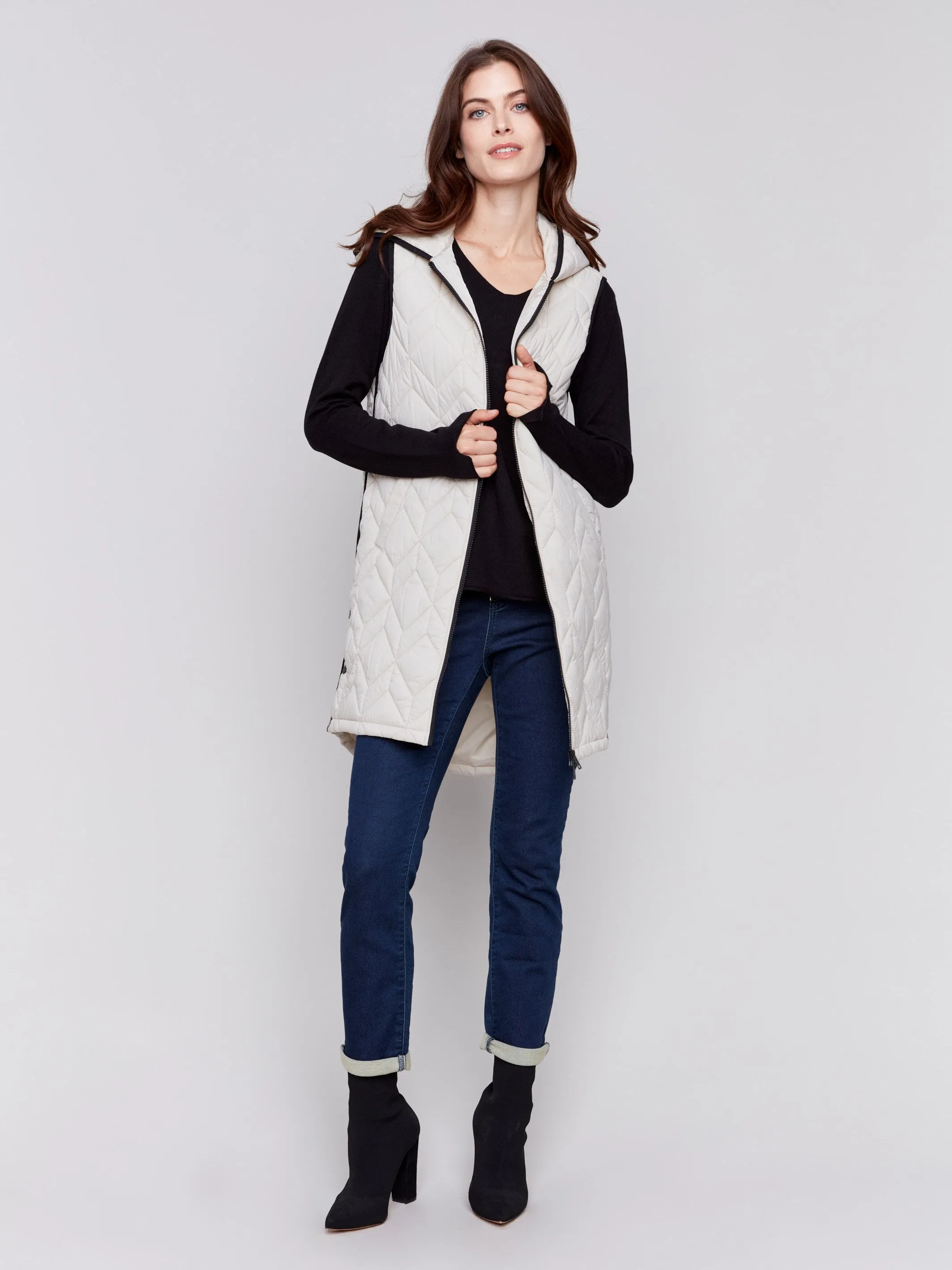 Almond Long Quilted Puffer Vest with Hood