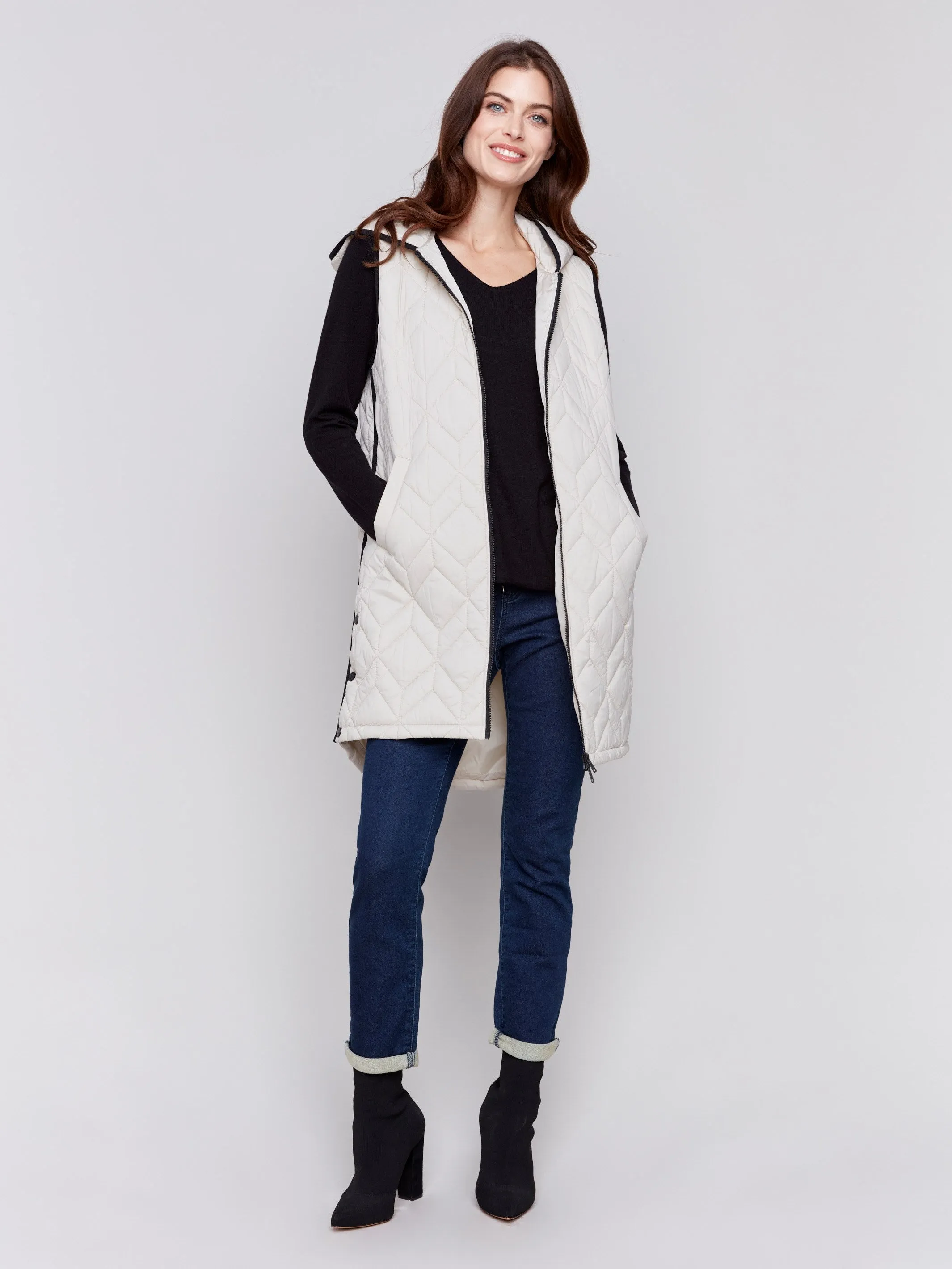 Almond Long Quilted Puffer Vest with Hood