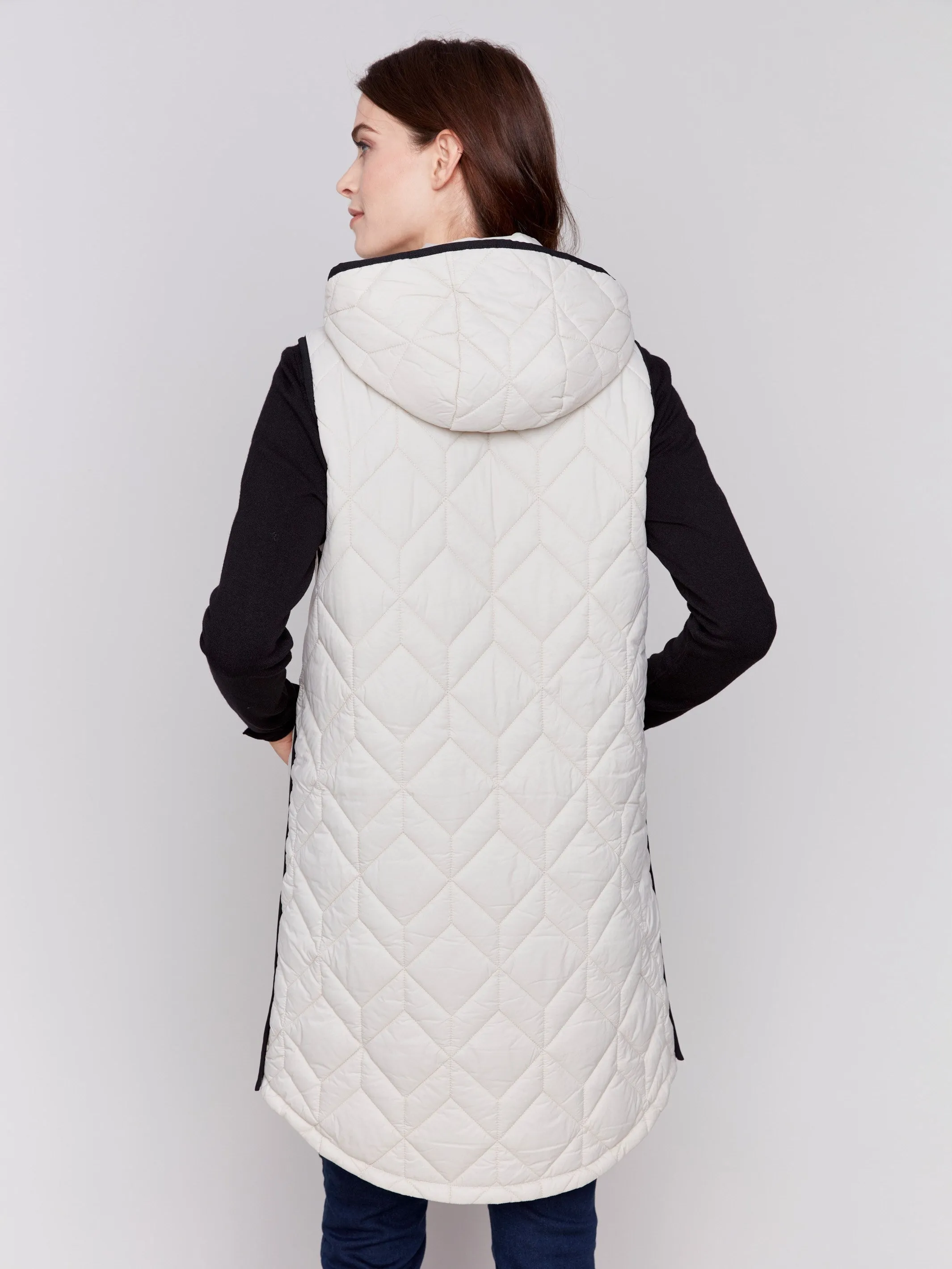 Almond Long Quilted Puffer Vest with Hood