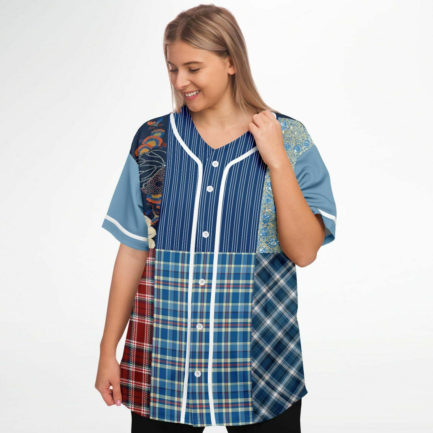 Andromeda Blue Patchwork Button Front Jersey