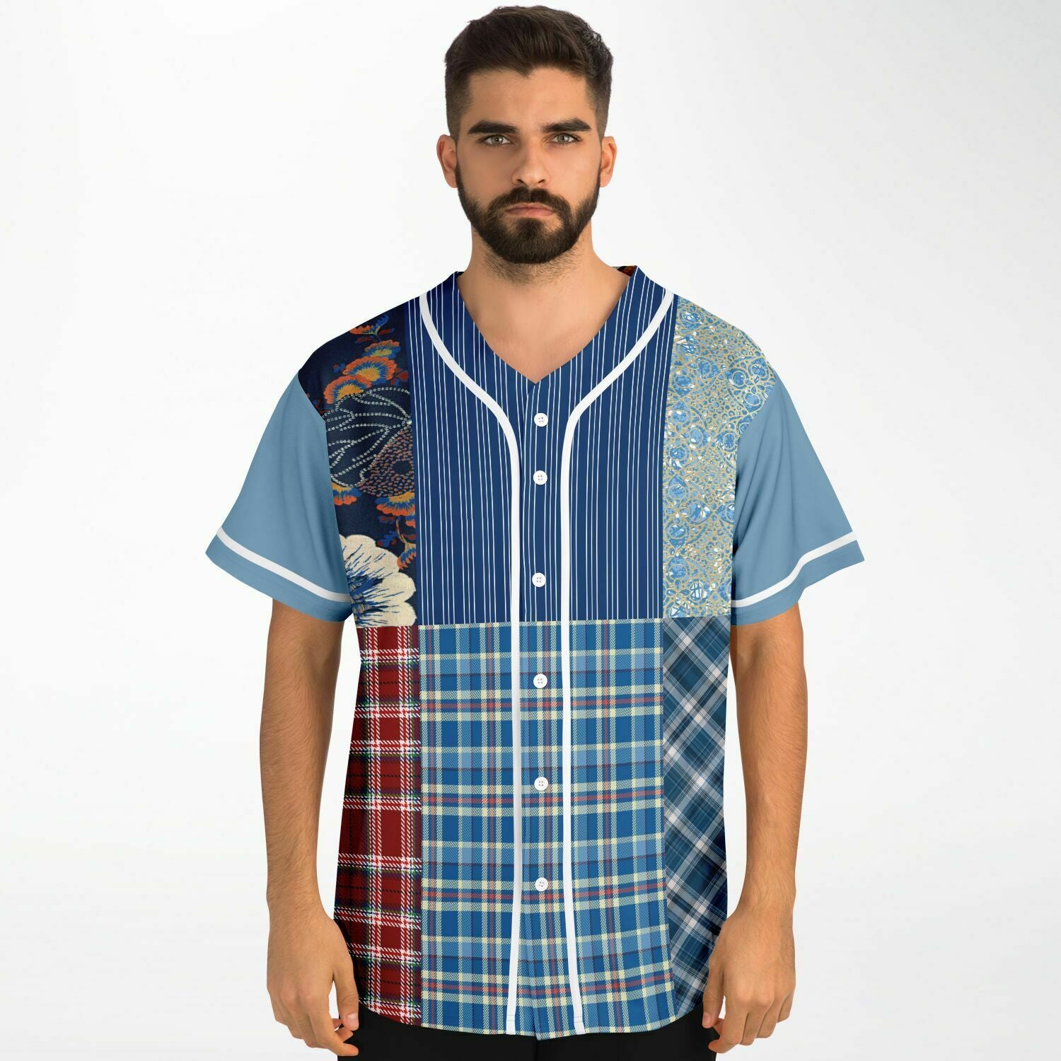 Andromeda Blue Patchwork Button Front Jersey