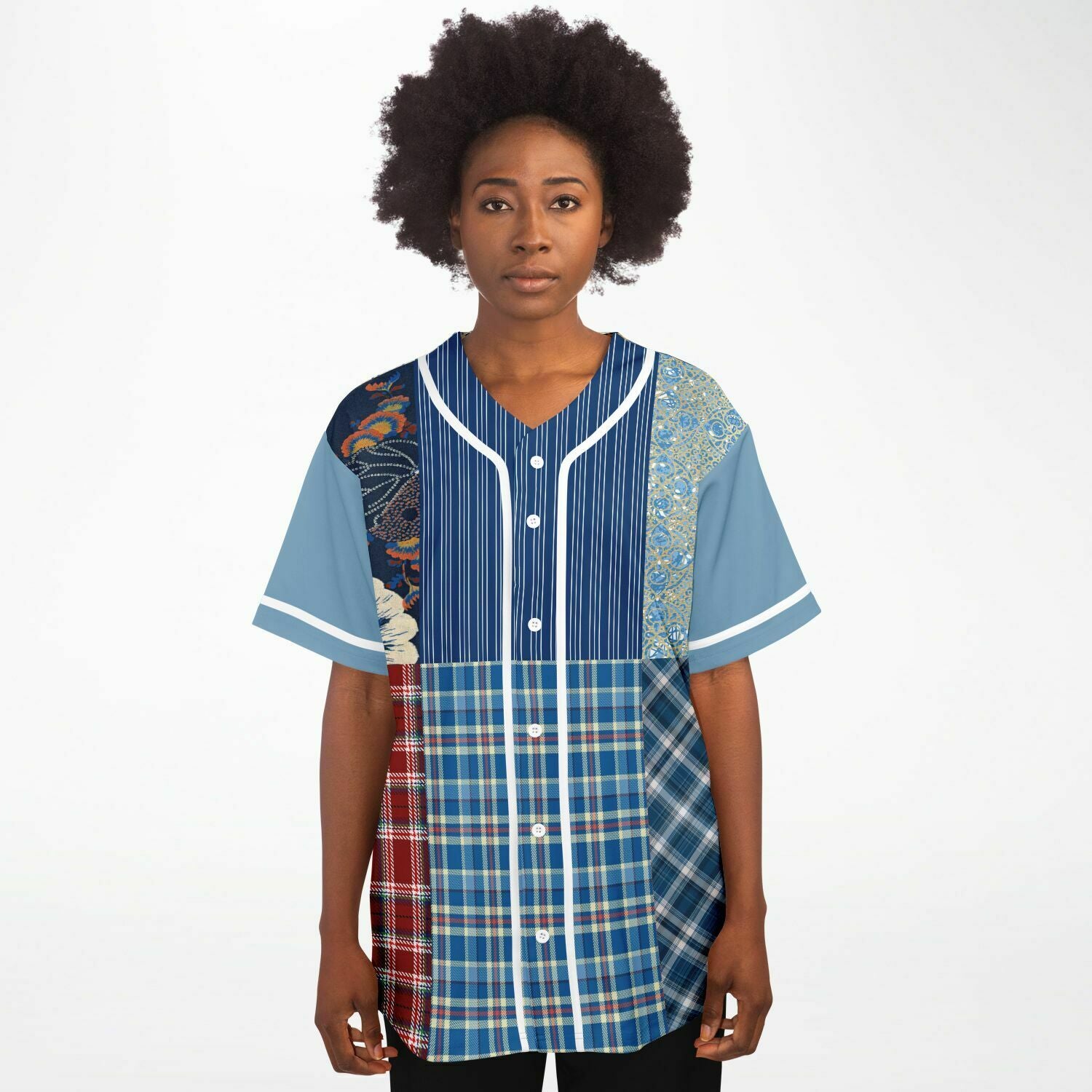 Andromeda Blue Patchwork Button Front Jersey