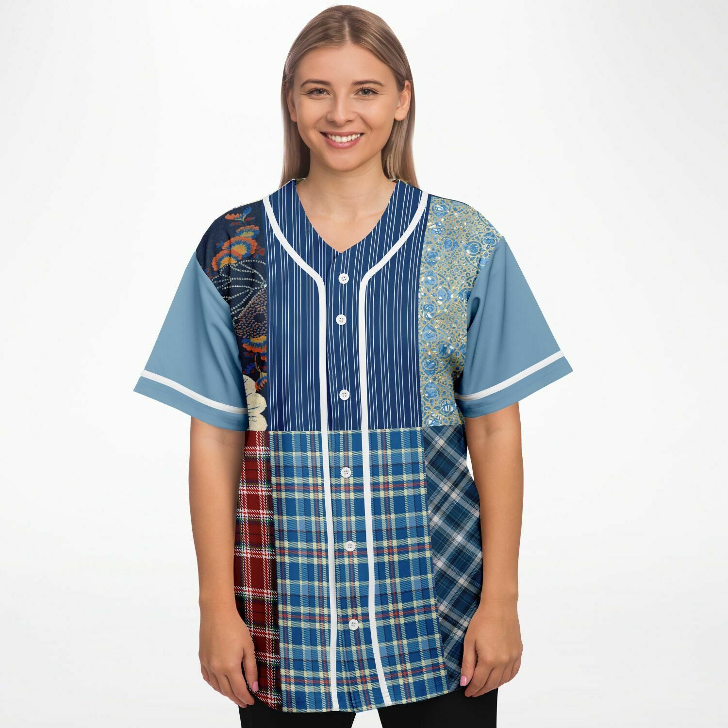 Andromeda Blue Patchwork Button Front Jersey