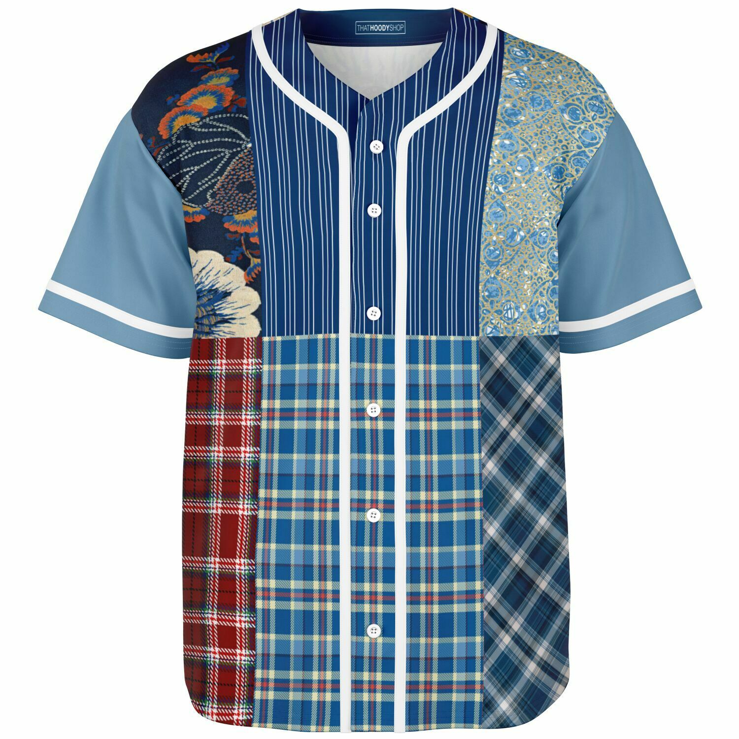 Andromeda Blue Patchwork Button Front Jersey