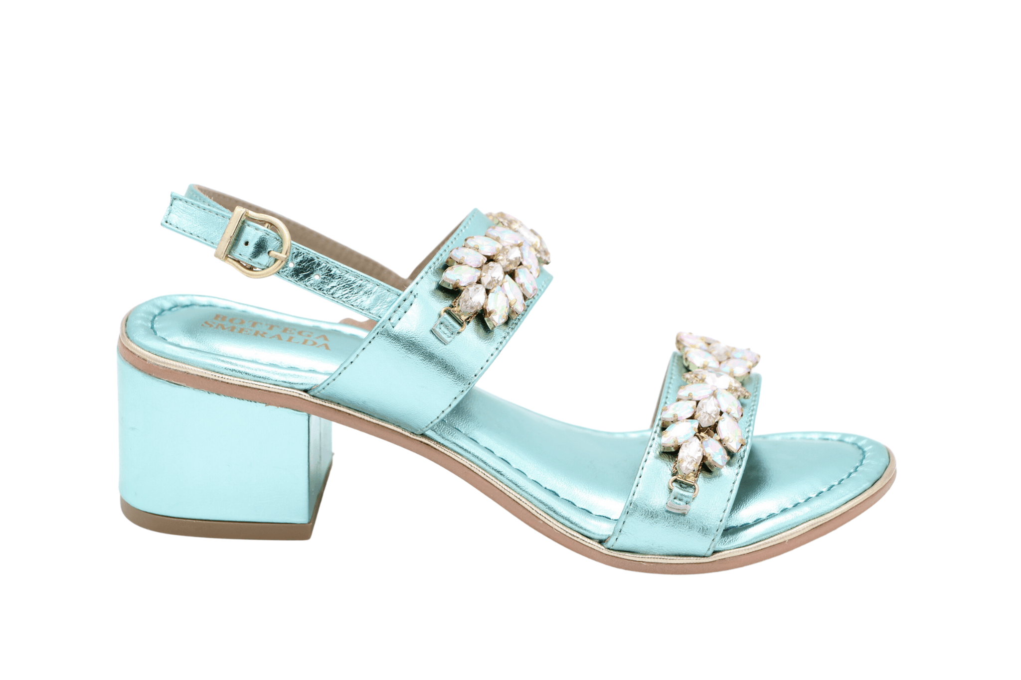 Aqua Blue Leather Embellished Sandal with Block Heel - BOTTEGA