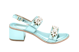 Aqua Blue Leather Embellished Sandal with Block Heel - BOTTEGA