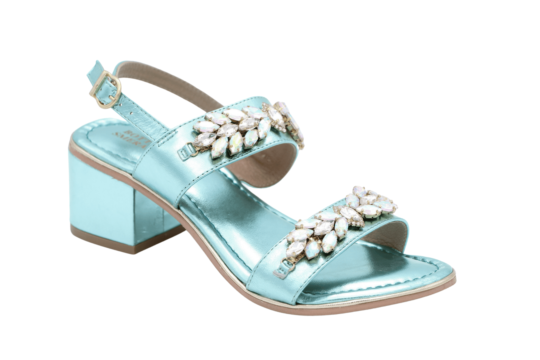 Aqua Blue Leather Embellished Sandal with Block Heel - BOTTEGA