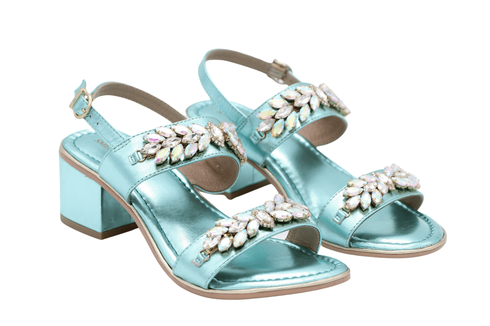 Aqua Blue Leather Embellished Sandal with Block Heel - BOTTEGA