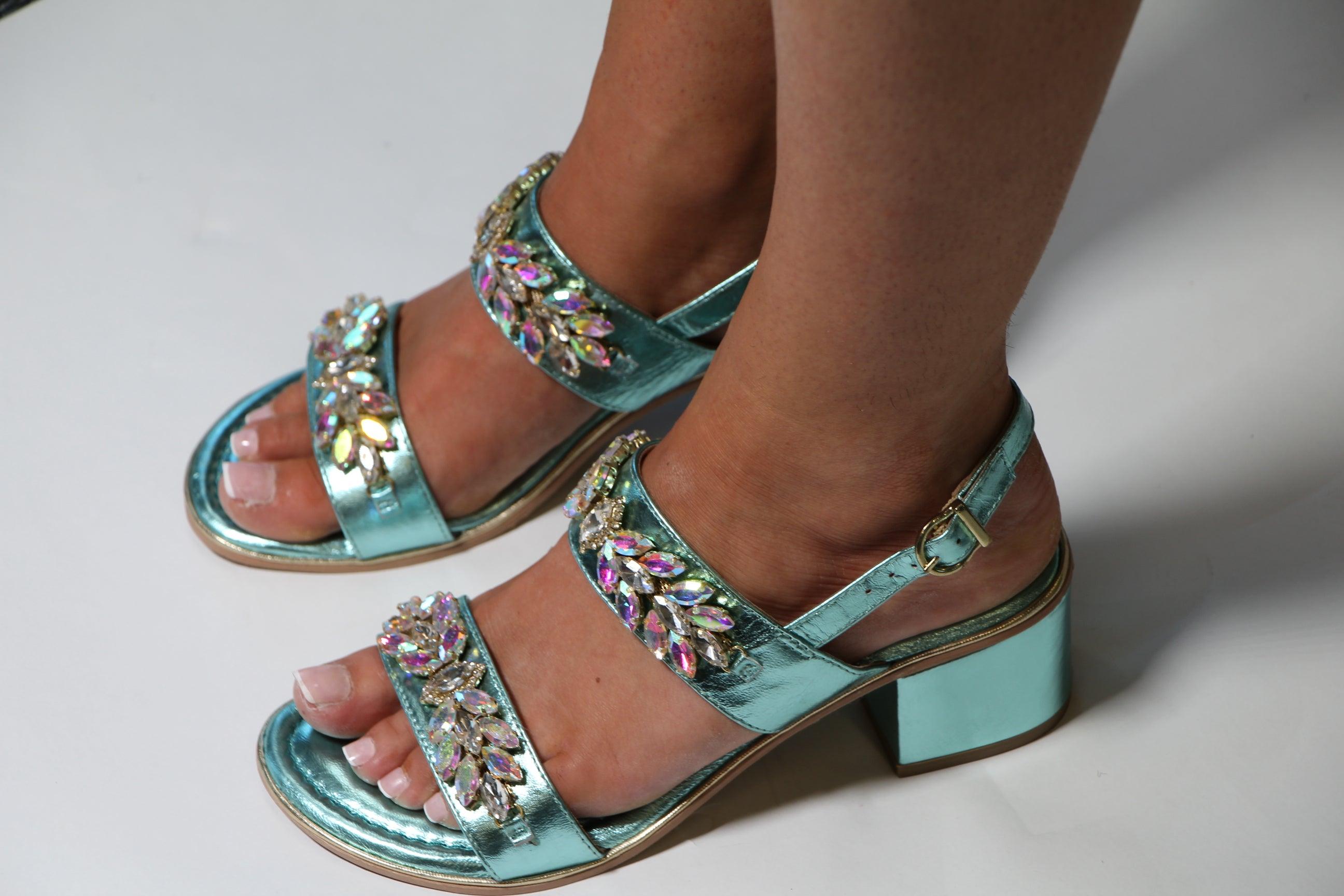 Aqua Blue Leather Embellished Sandal with Block Heel - BOTTEGA