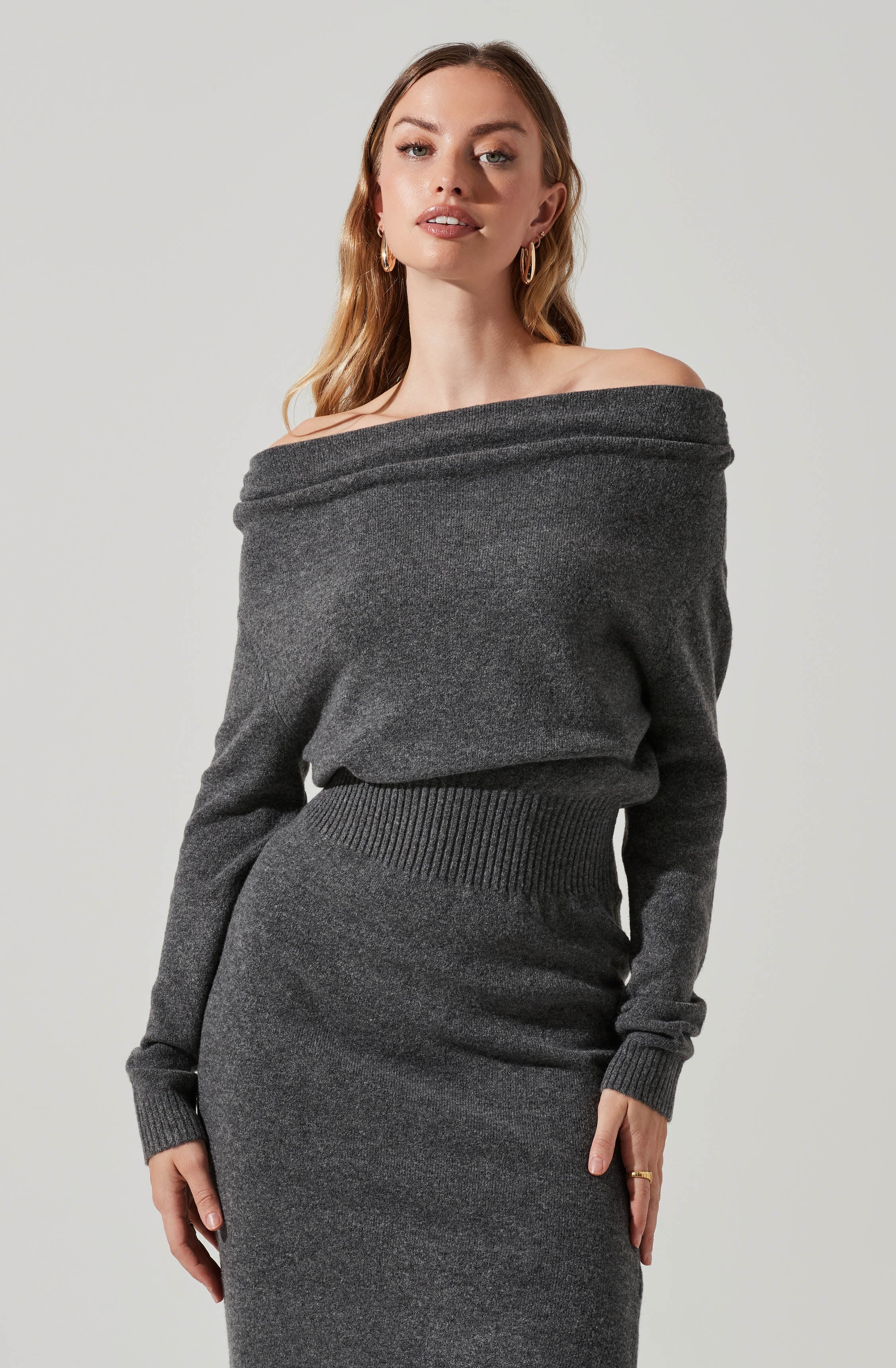 Astr the Label Cora Off Shoulder Midi Sweater Dress Charcoal