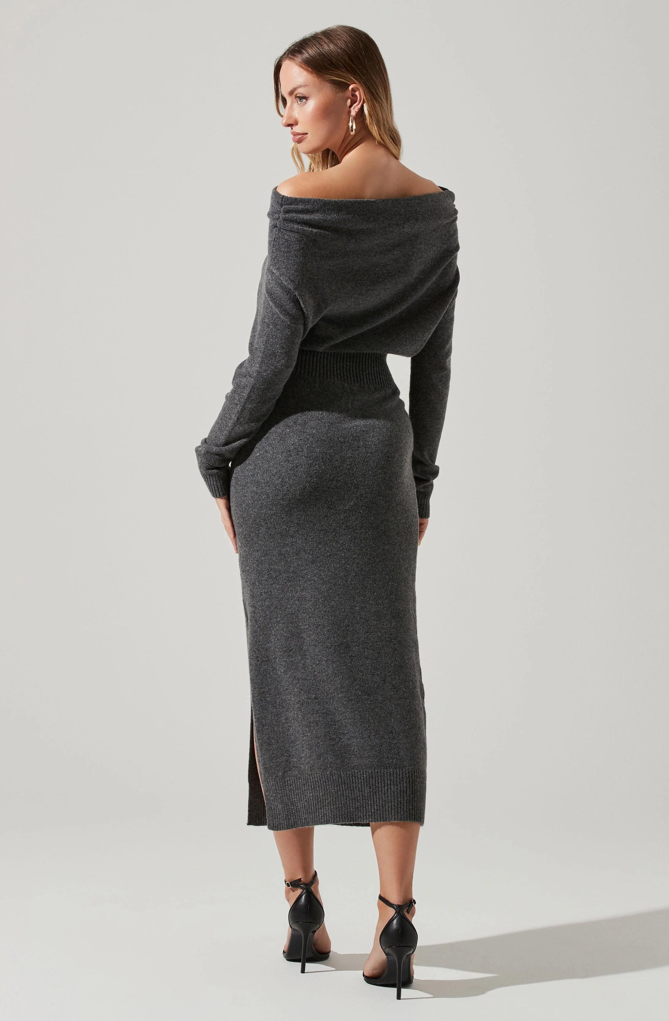 Astr the Label Cora Off Shoulder Midi Sweater Dress Charcoal