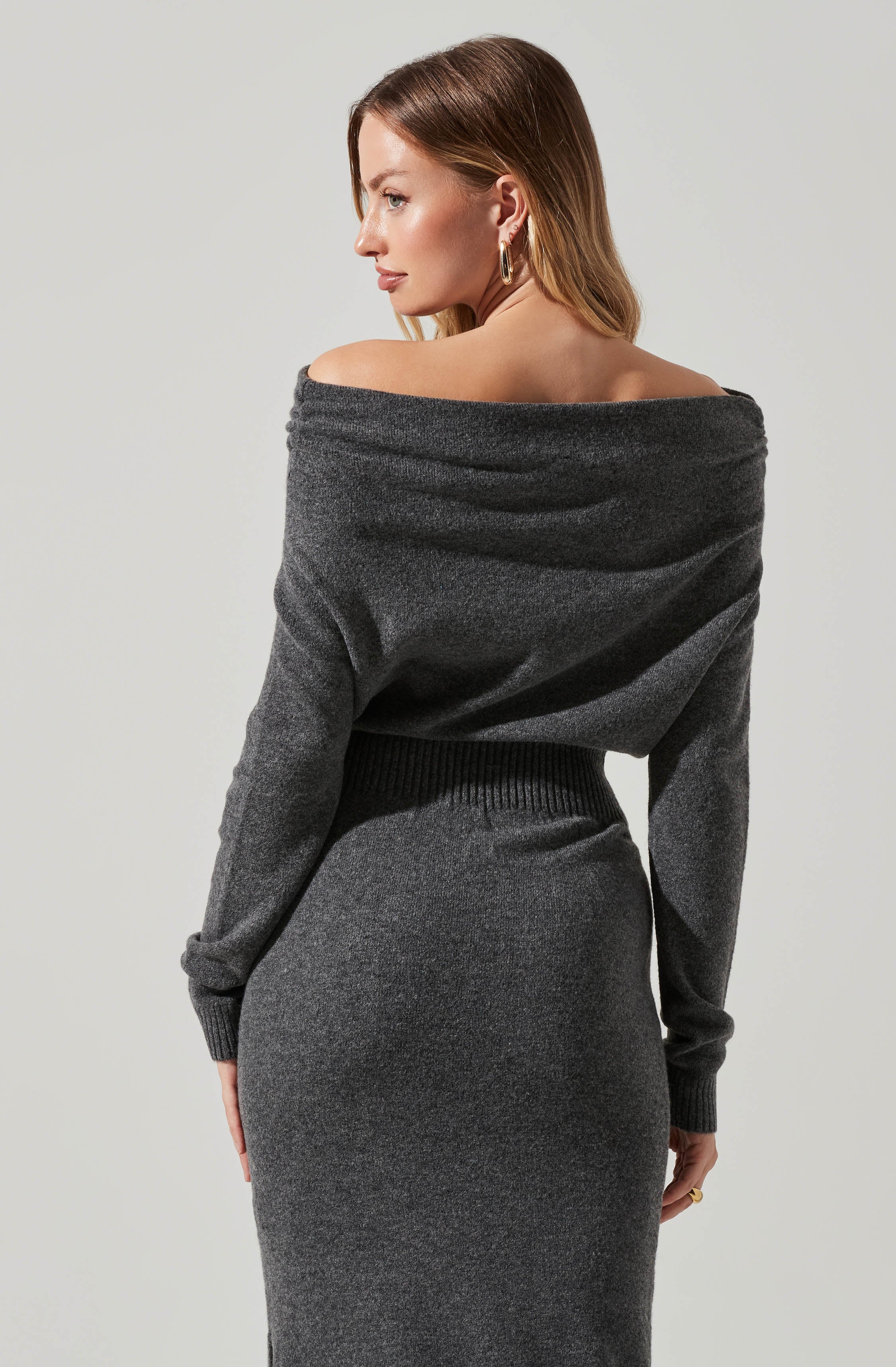 Astr the Label Cora Off Shoulder Midi Sweater Dress Charcoal